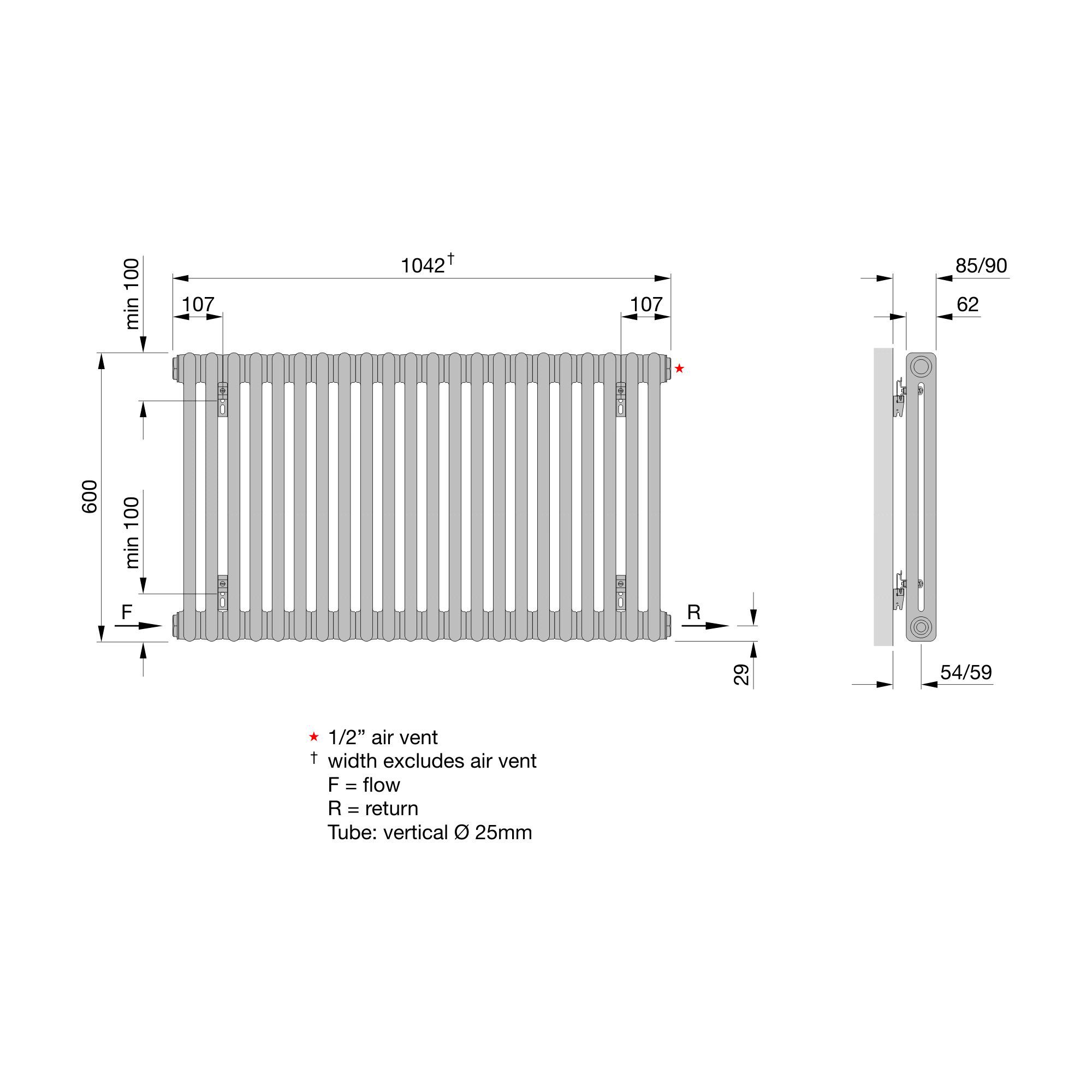 Acova White 2 Column Radiator, (W)1042mm x (H)600mm