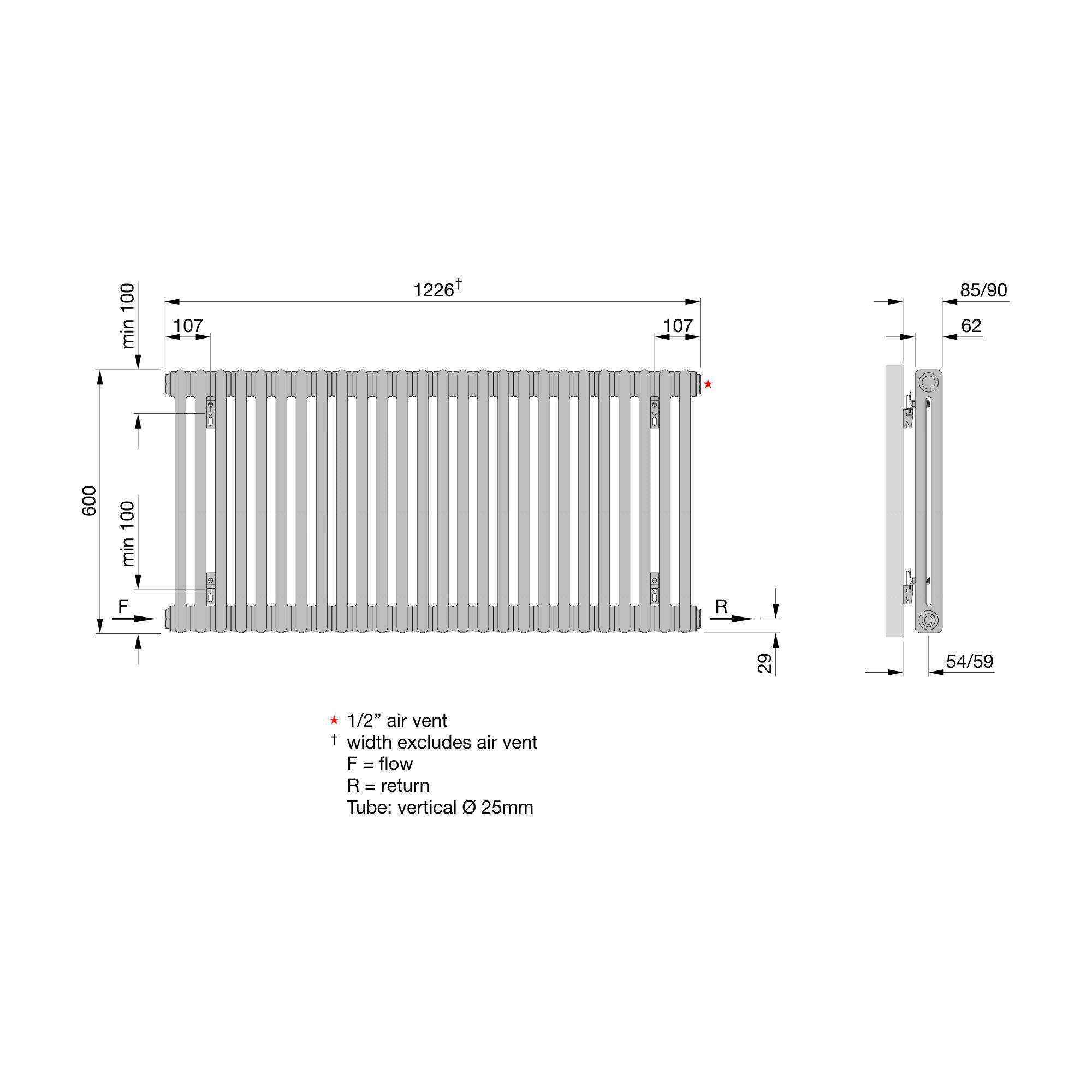 Acova White 2 Column Radiator, (W)1226mm x (H)600mm