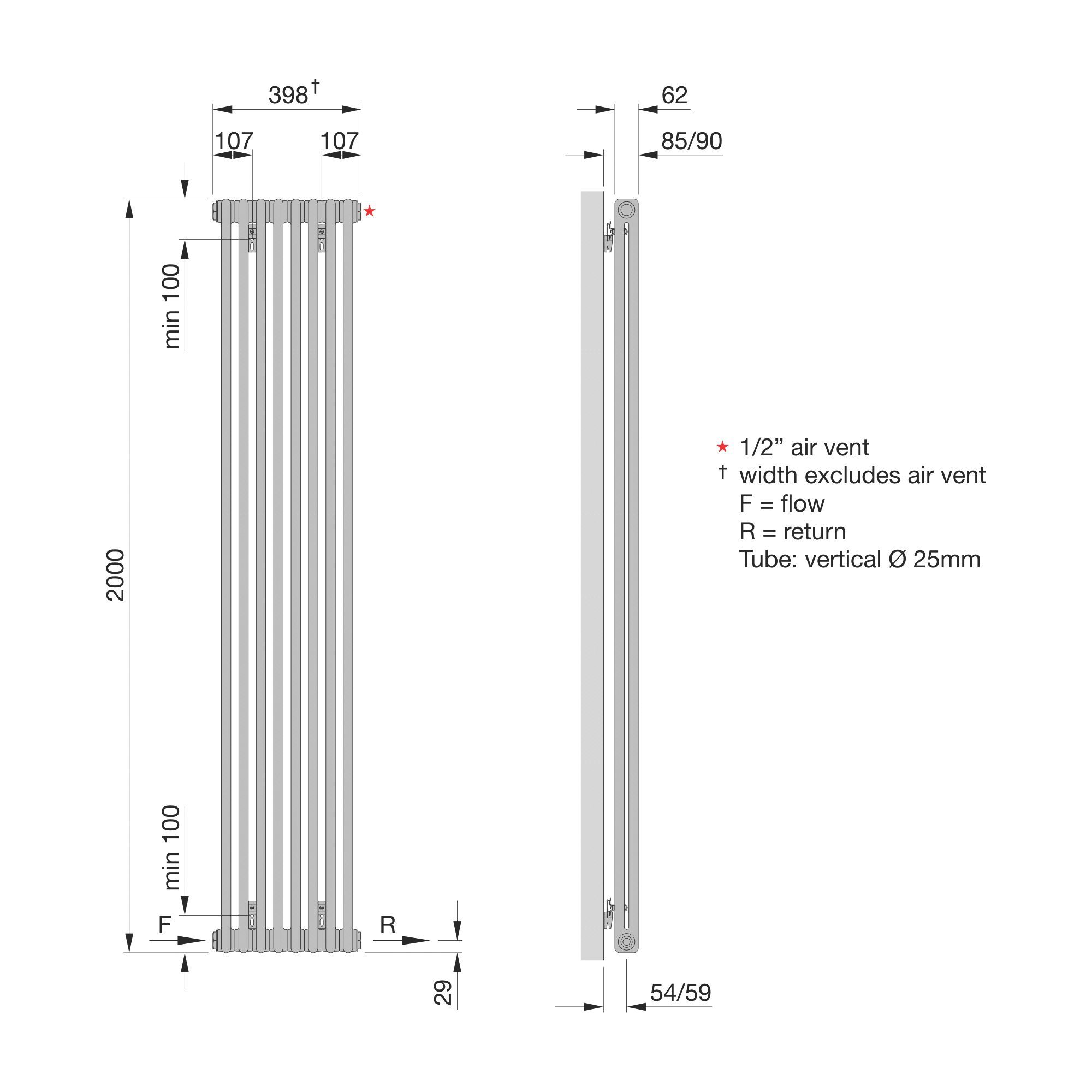 Acova White 2 Column Radiator, (W)398mm x (H)2000mm