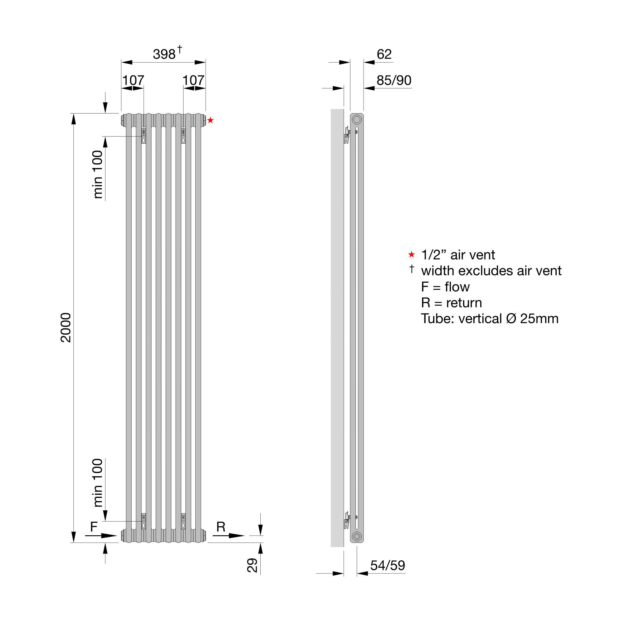 Acova White 2 Column Radiator, (W)398mm x (H)2000mm