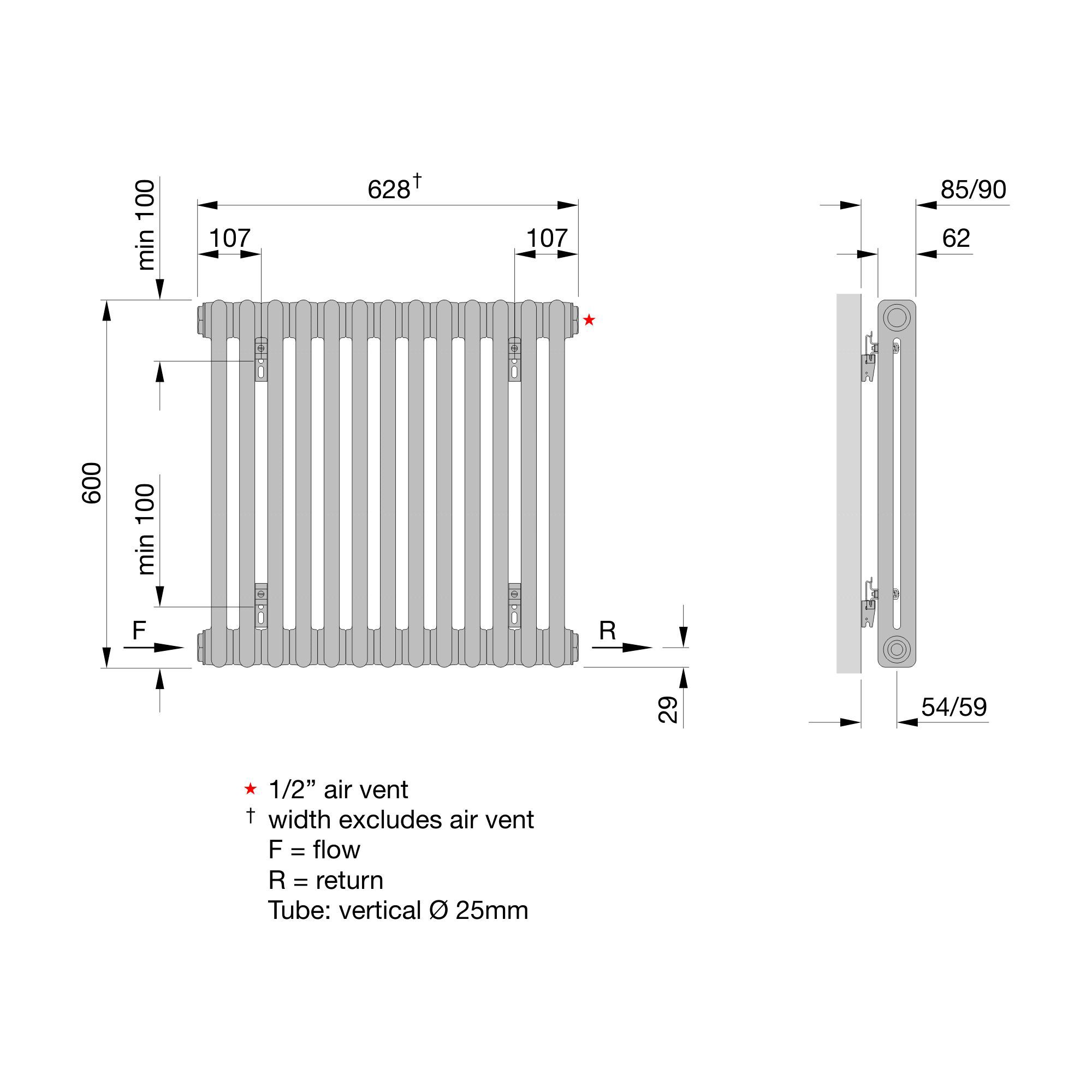 Acova White 2 Column Radiator, (W)628mm x (H)600mm