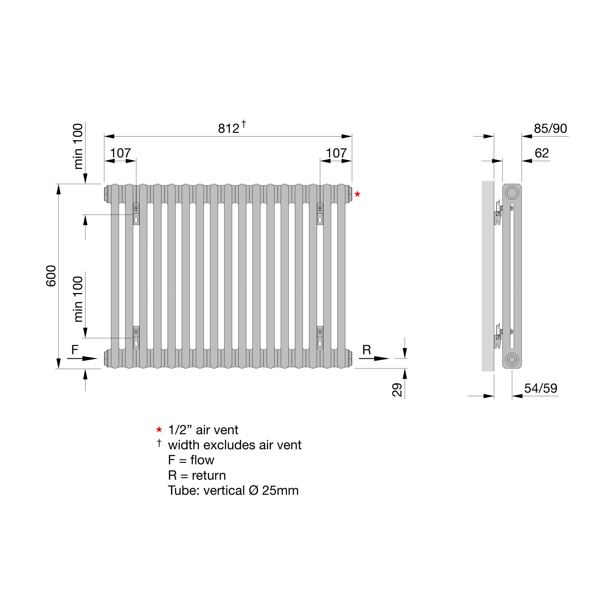 Acova White 2 Column Radiator, (W)812mm x (H)600mm