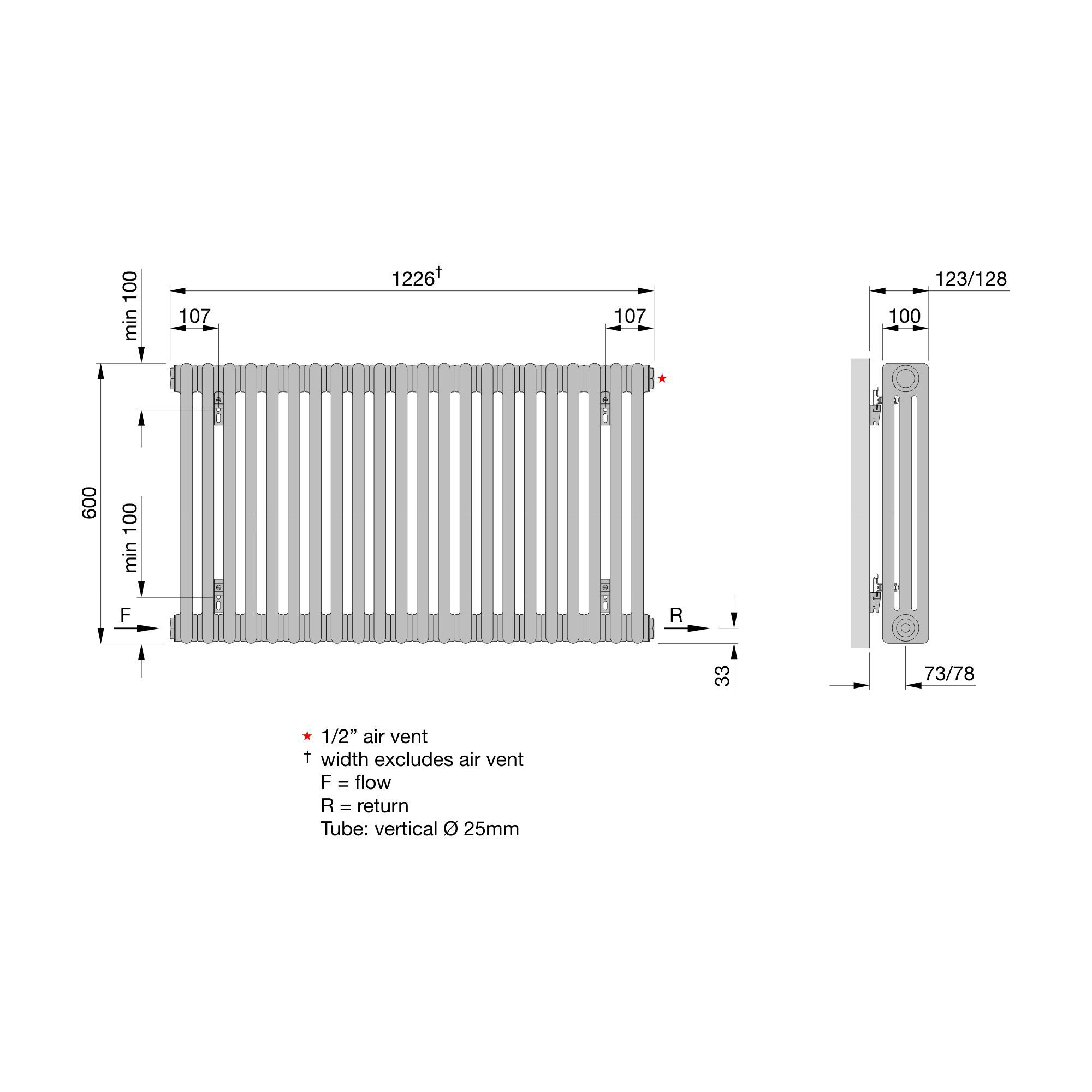 Acova White 3 Column Radiator, (W)1226mm x (H)600mm