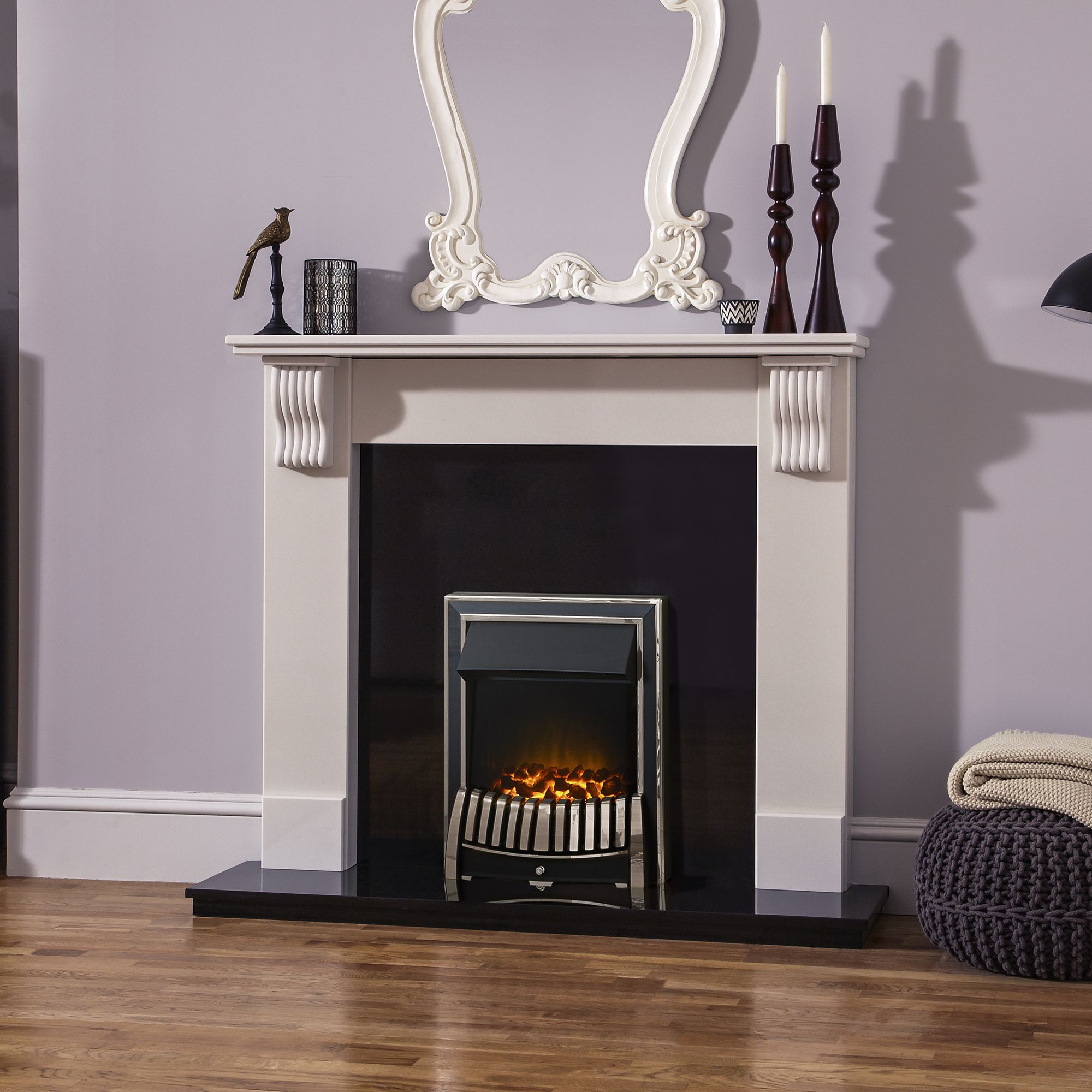 Adam Victoria China White & Black Granite Chrome effect Freestanding Electric Fire suite
