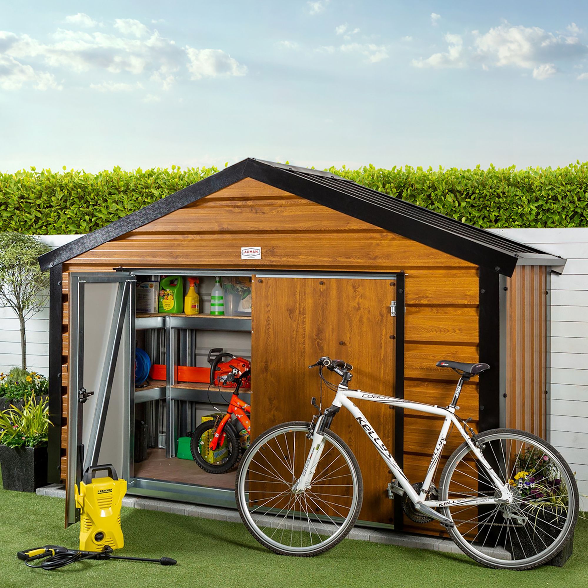 Adman Steel Sheds Ministore 6x4 ft Apex Woodgrain Timber 2 door Shed with floor (Base included) - Assembly service included