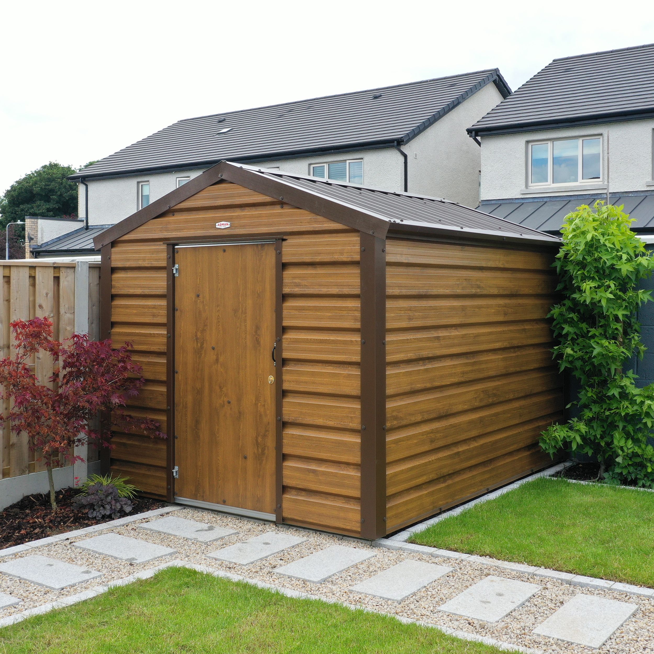 Adman Steel Sheds Multistore 10x13 ft Apex Woodgrain Metal Shed with floor (Base included) - Assembly service included