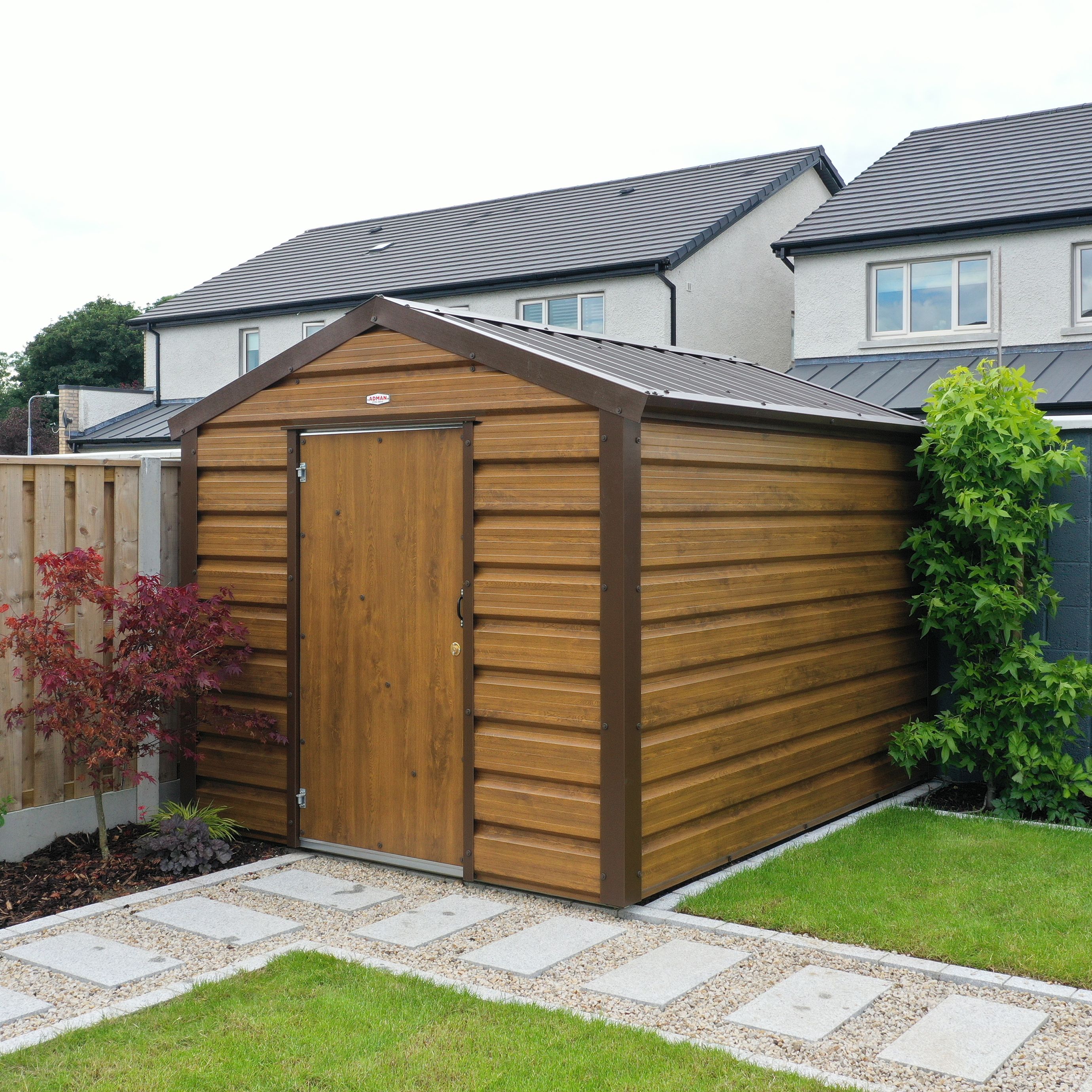 Adman Steel Sheds Multistore 10x17 ft Apex Woodgrain Metal Shed with floor (Base included) - Assembly service included