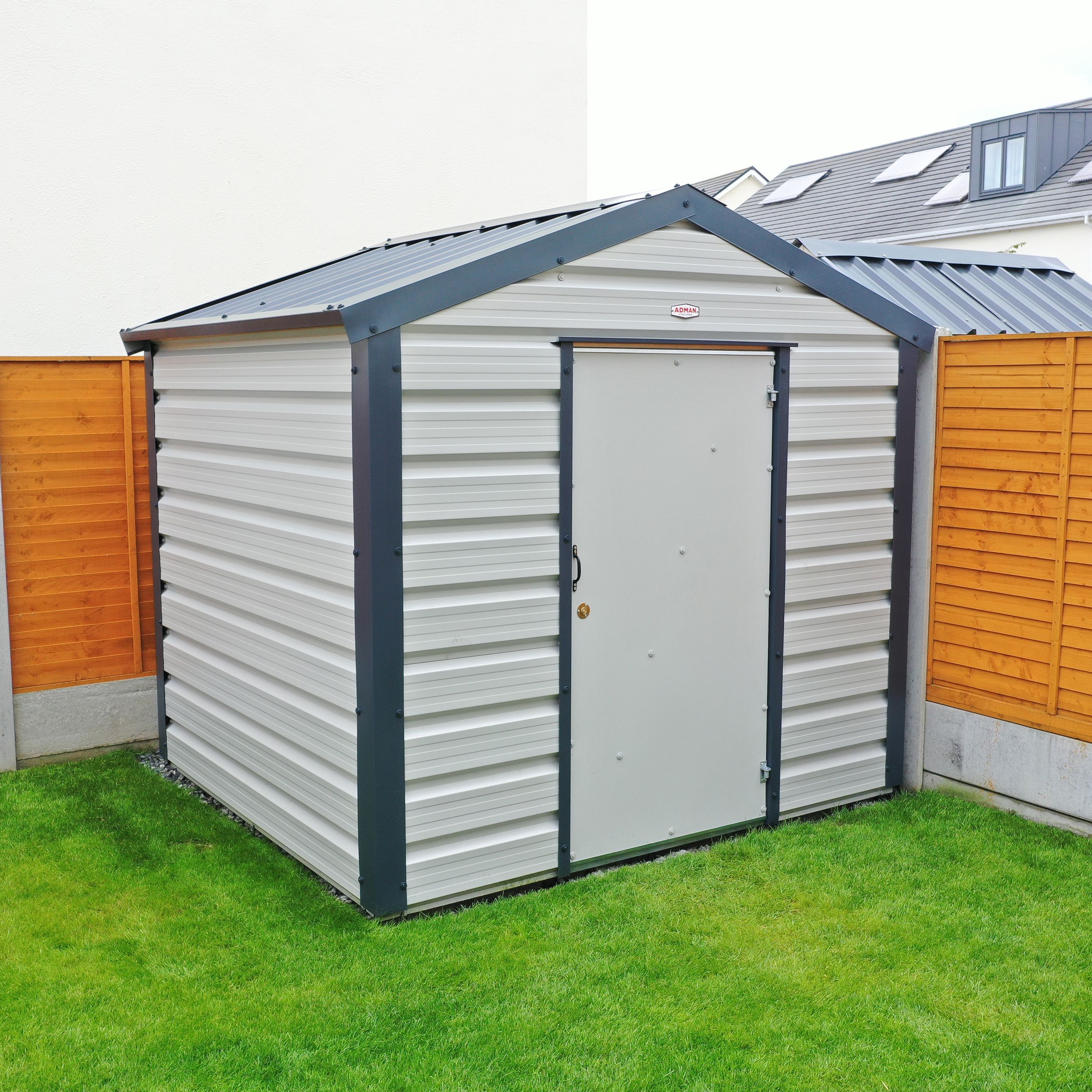 Adman Steel Sheds Multistore 8x7 ft Apex Goosewing Grey Metal Shed with floor (Base included) - Assembly service included