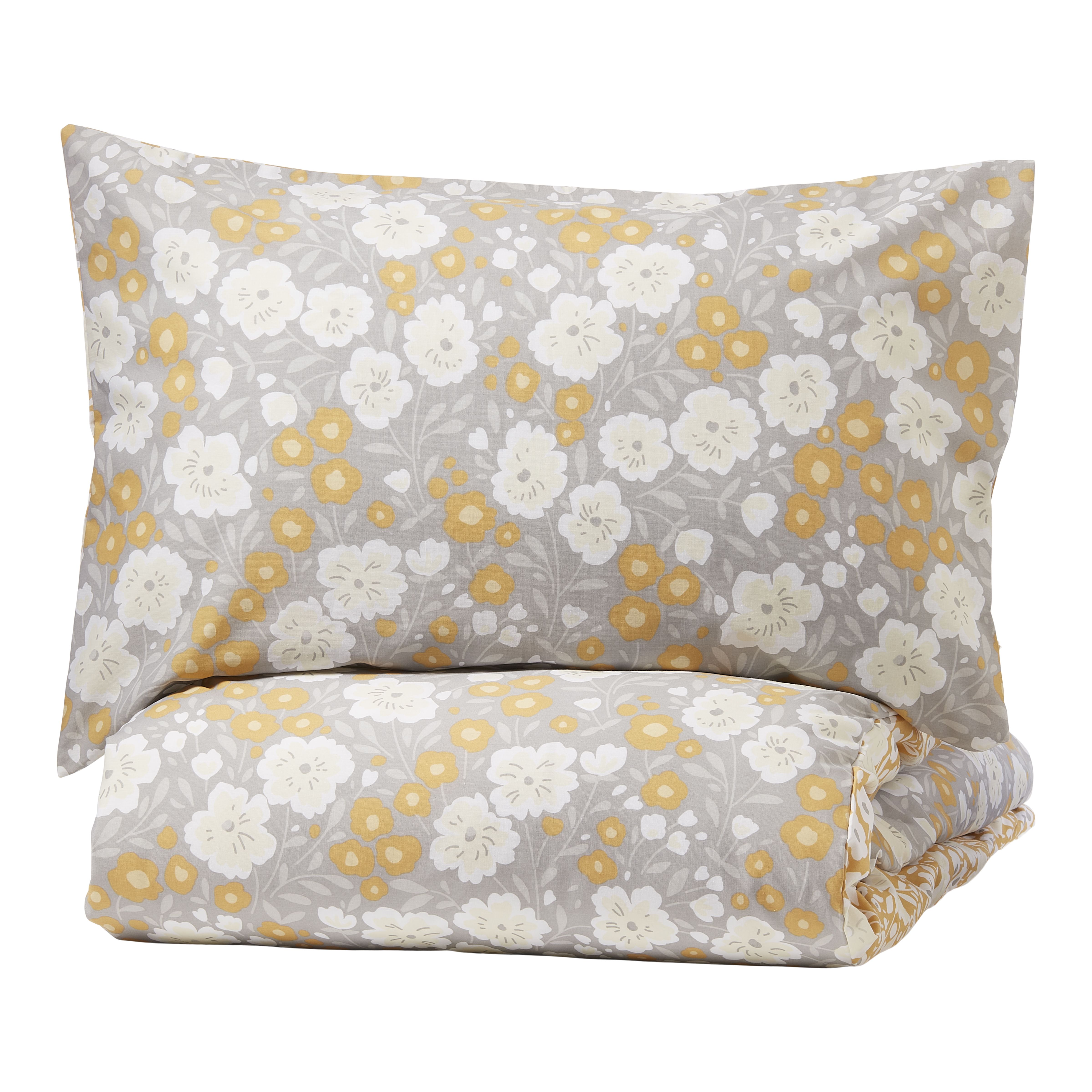 Akaisha Floral Grey & ochre Double Duvet cover & pillow case set