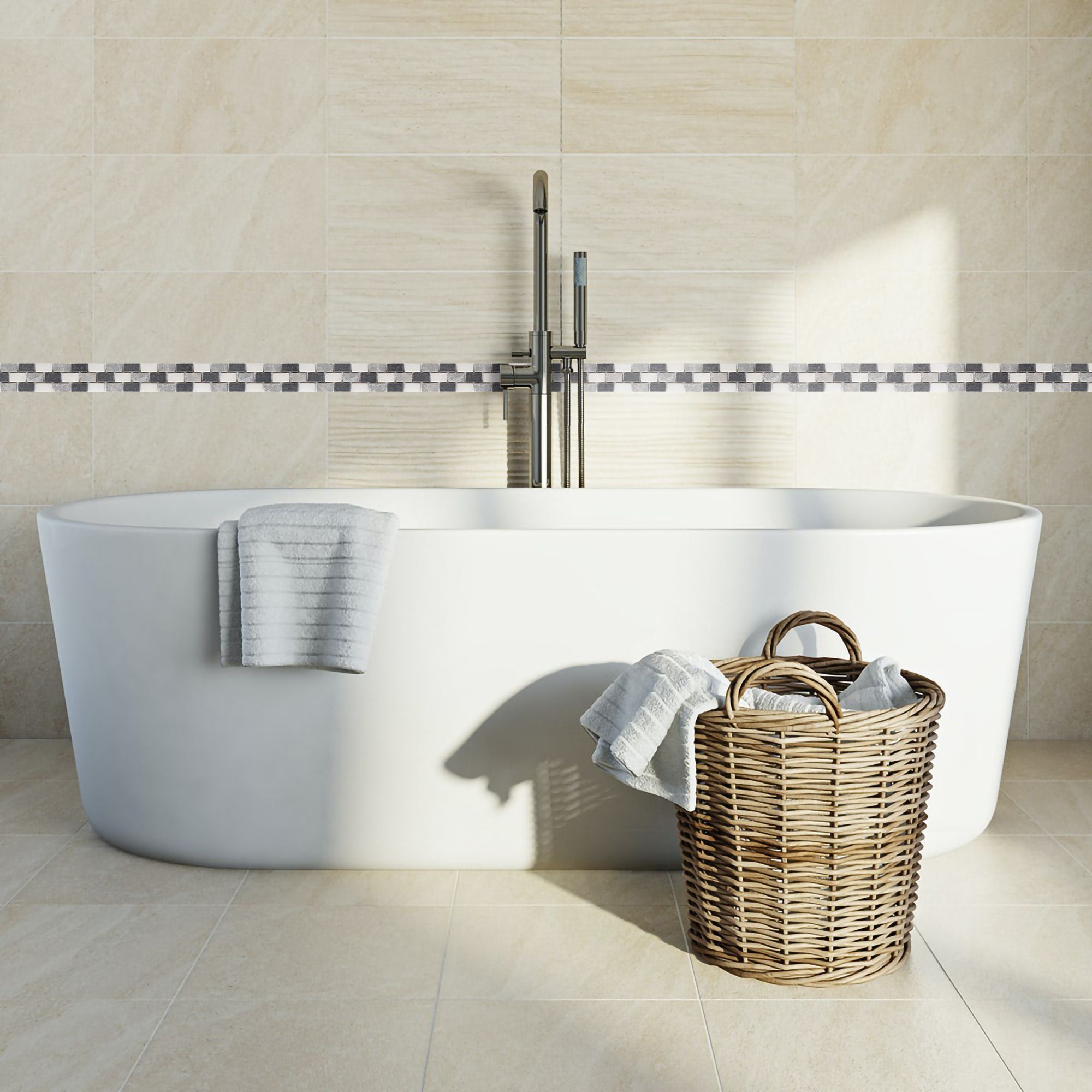Akero Grey Flat Marble effect Natural stone Border tile