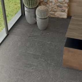 Alaz Anthracite Matt Stone effect Porcelain Indoor Wall & floor Tile, Pack of 4, (L)600mm (W)600mm