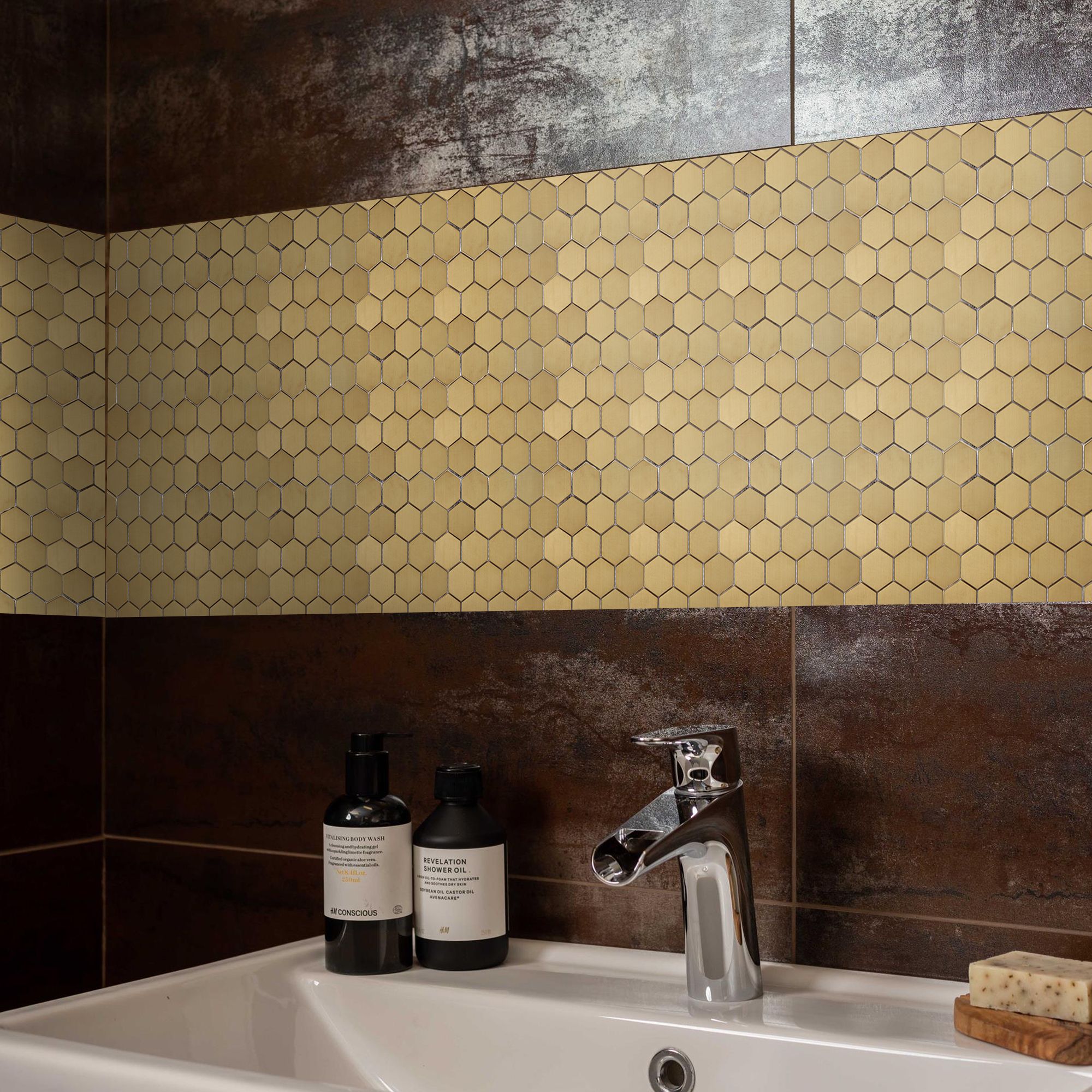 Albena Gold Satin Metal effect Flat Stainless steel Mosaic tile sheet, (L)300mm (W)300mm