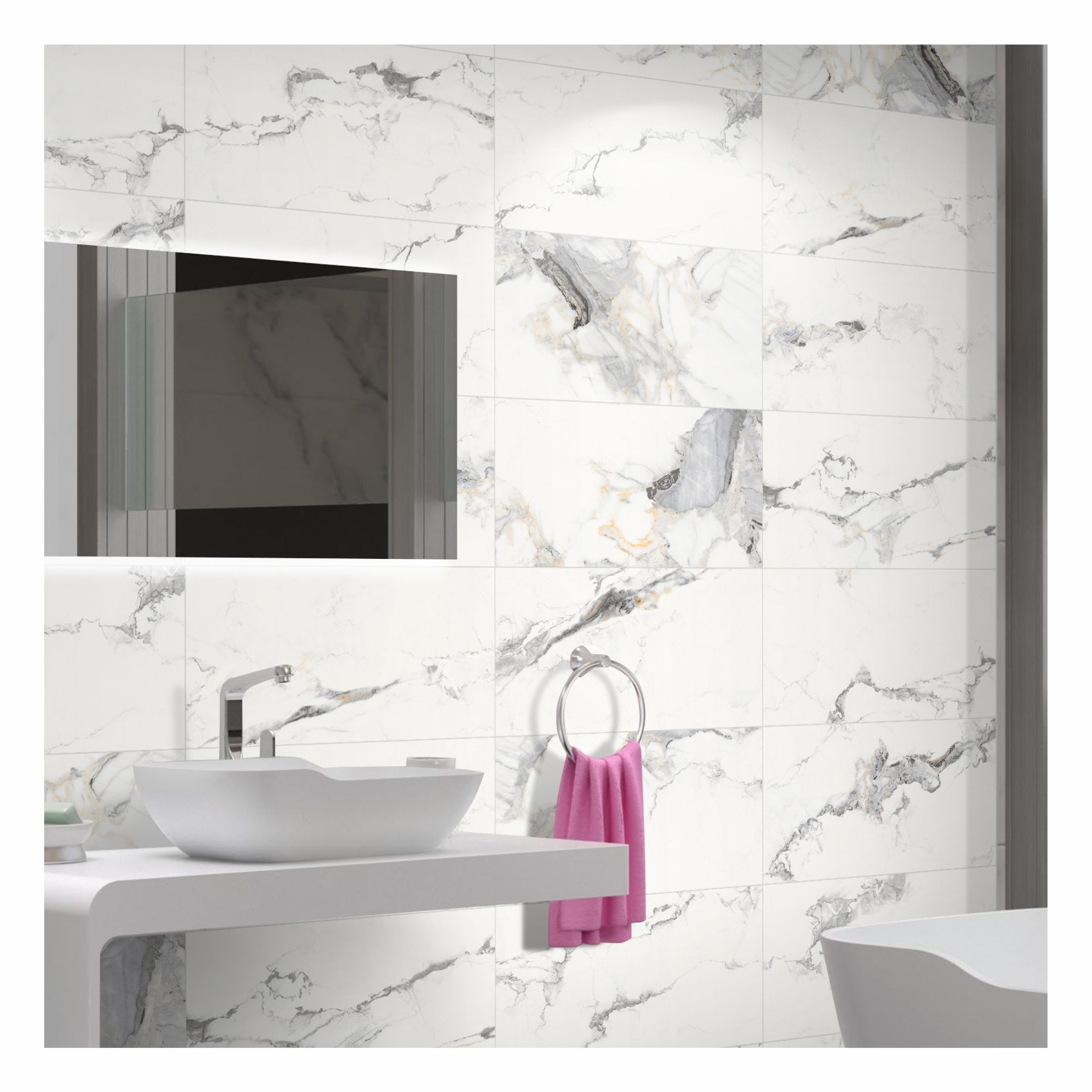 Buy Alvaro White+Gold Gloss Marble effect Porcelain Wall & floor Tile ...