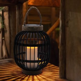 Amanpulo Black & beige Round Solar-powered Integrated LED Outdoor Lantern