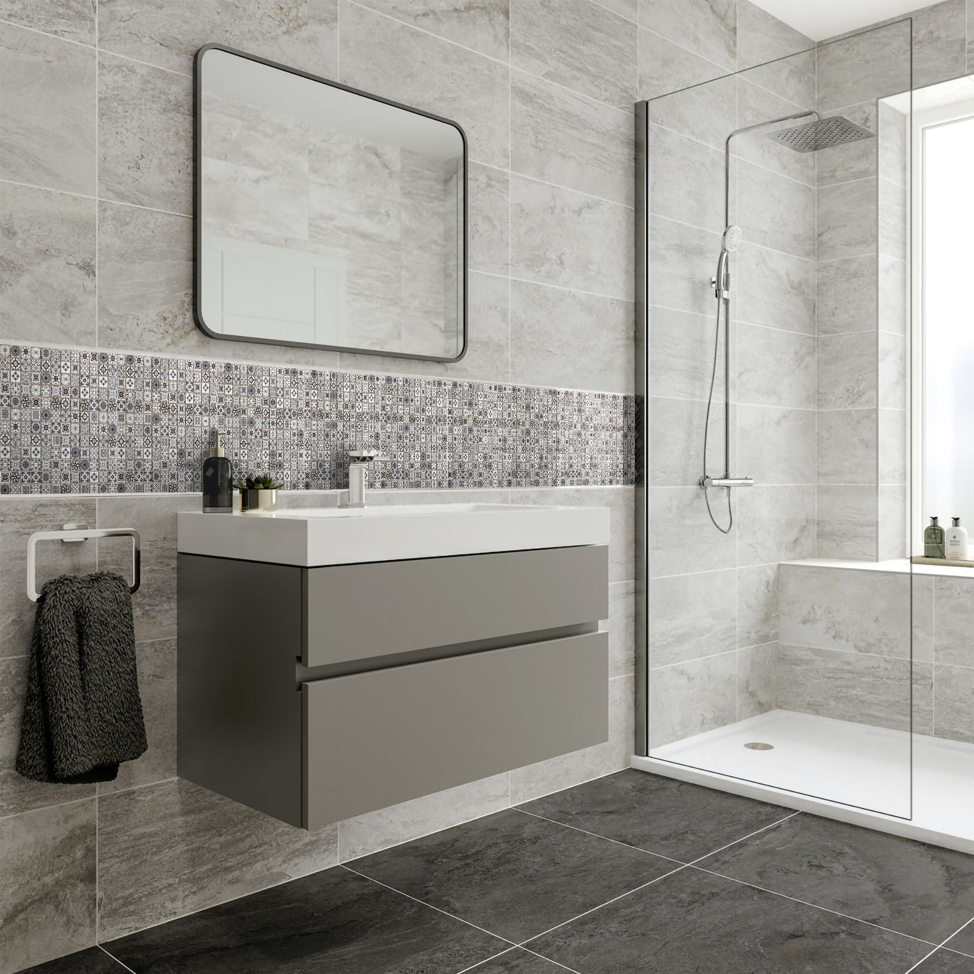 Amaranta Black & white Matt Stone effect Natural stone Mosaic tile sheet - 5
