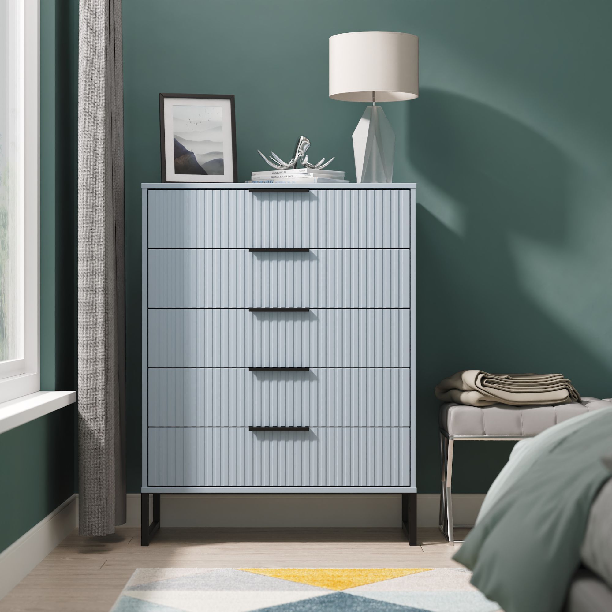Ancona Matt denim blue 5 Drawer Chest (H)1008mm (W)765mm (D)395mm