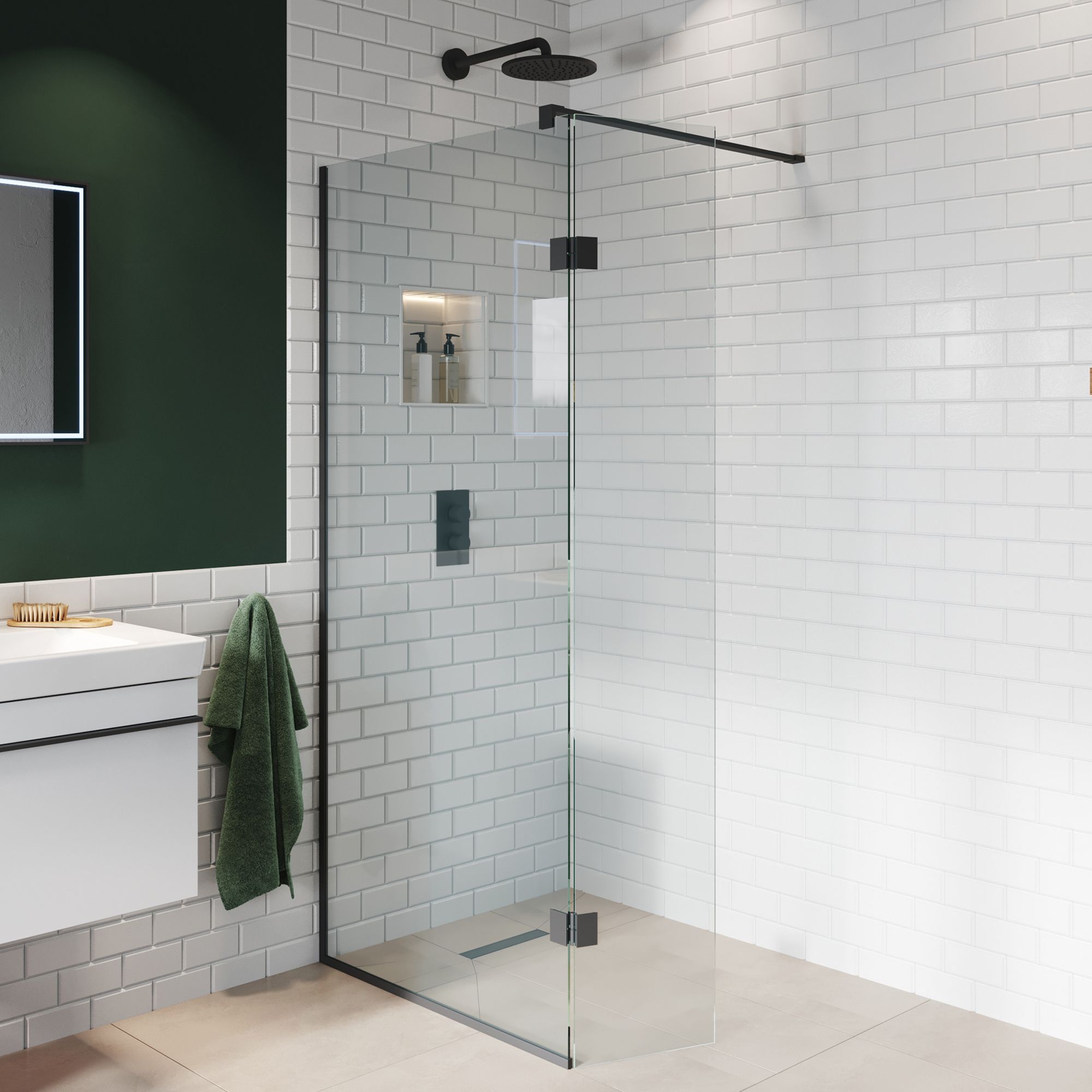 Aquadry Cassien Matt Black Clear Plain Fixed Walk-in Front & pivot return panel (H)200cm (W)90cm