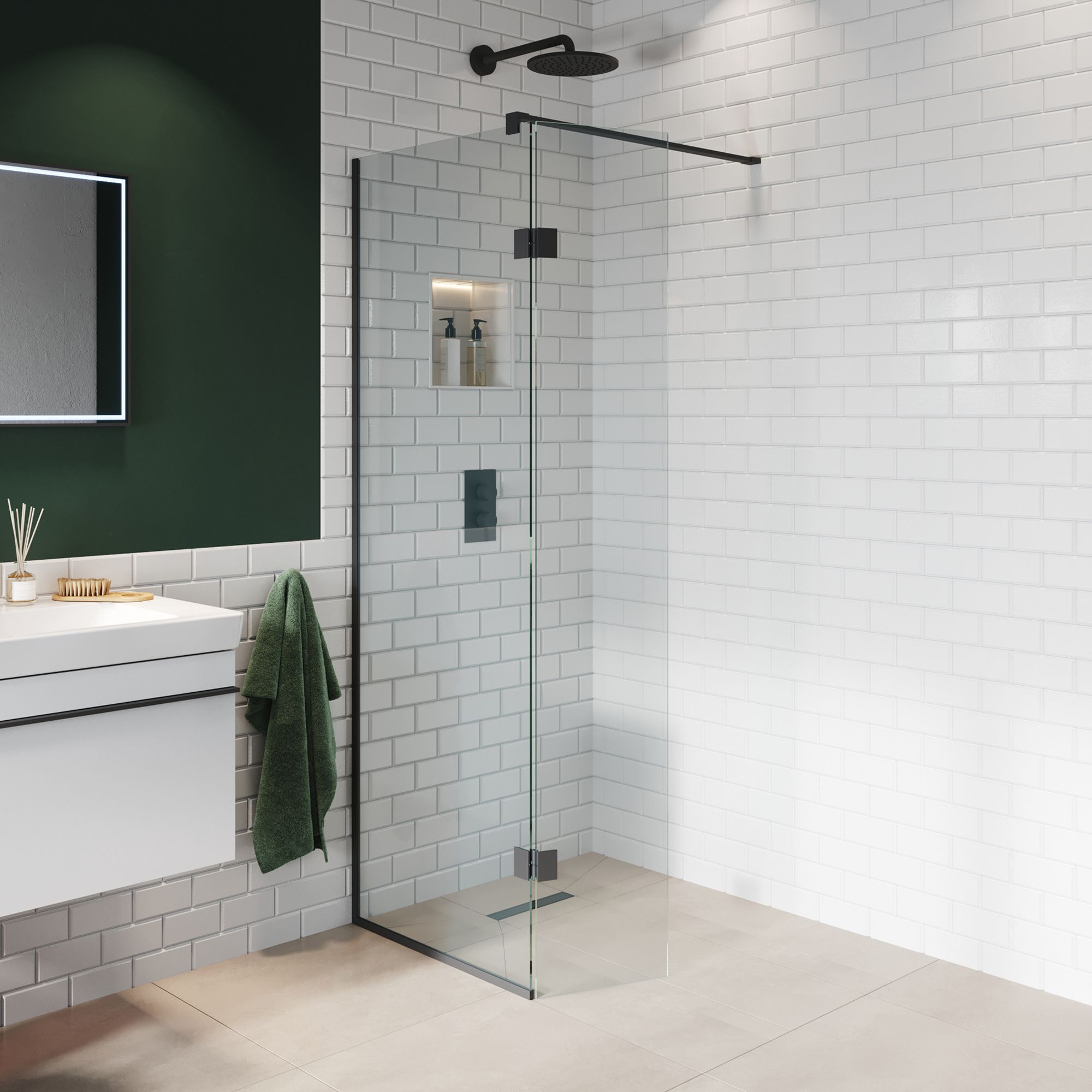 Aquadry Cassien Matt Black Fixed Walk-in Front & pivot return panel (H)2000mm (W)700mm (T)8mm