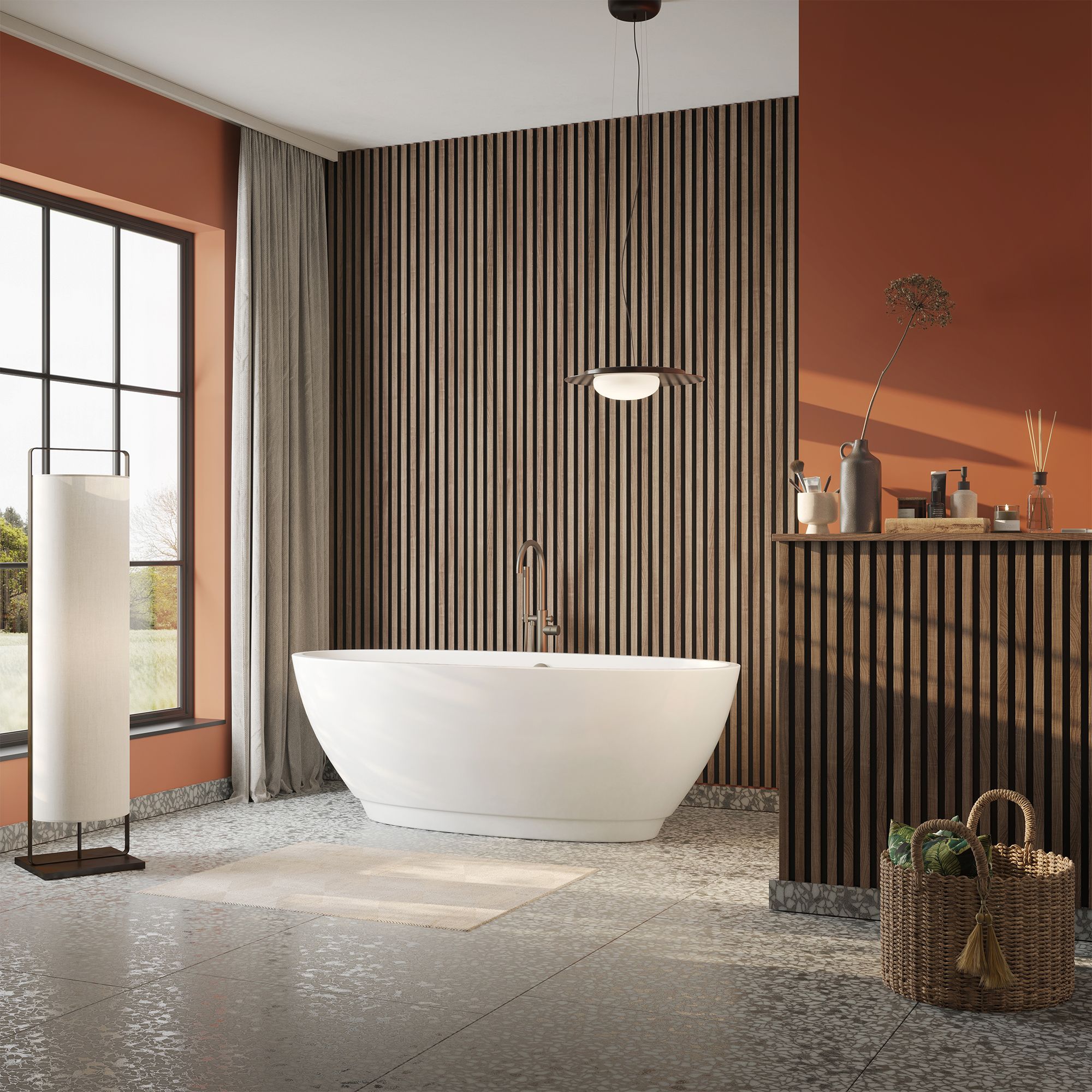 Aquadry Matt Black Slatted Walnut effect Laminate Tongue & groove Bathroom Decorative panel (H)2400mm (W)170mm