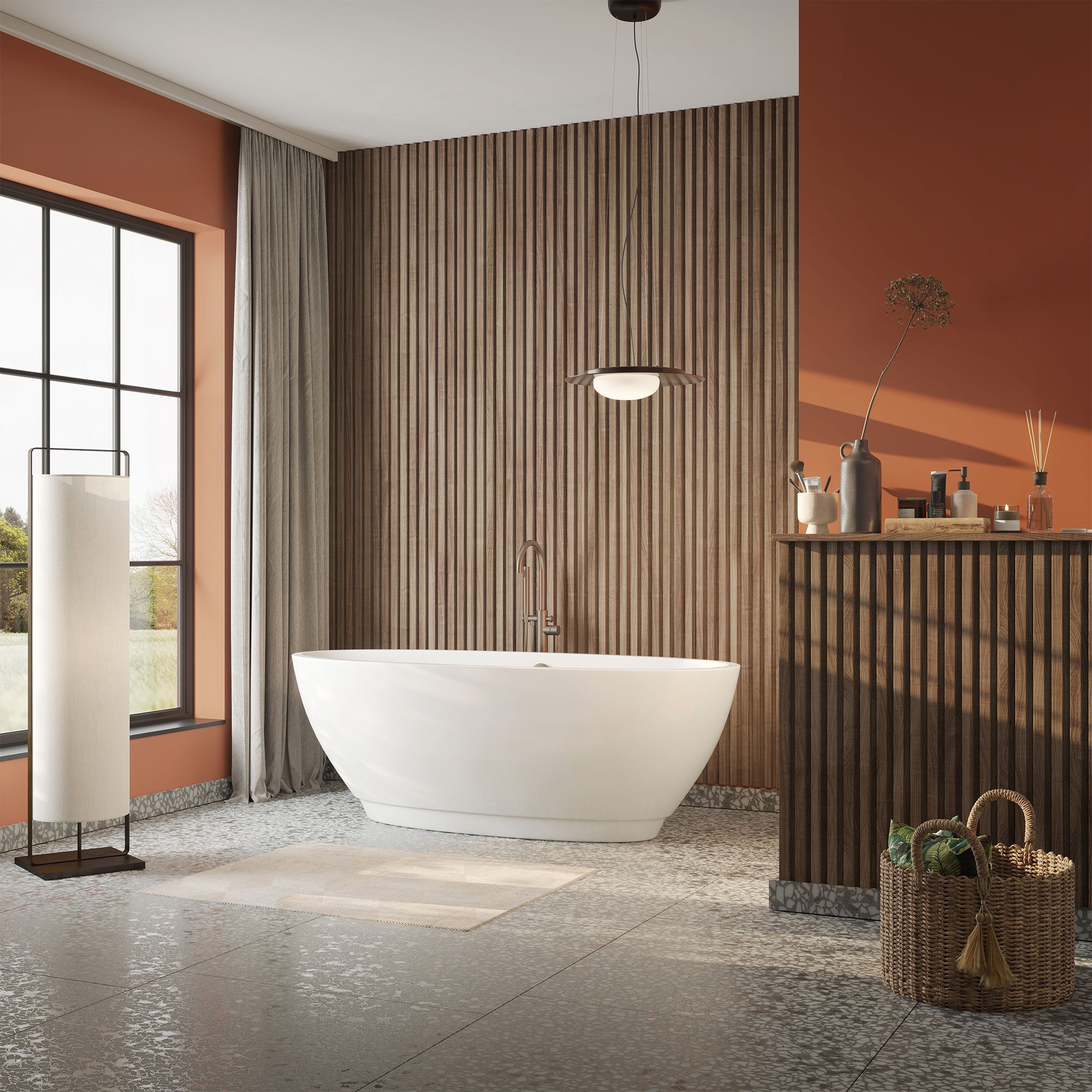Aquadry Matt Slatted Walnut effect Laminate Tongue & groove Bathroom Decorative panel (H)2400mm (W)170mm