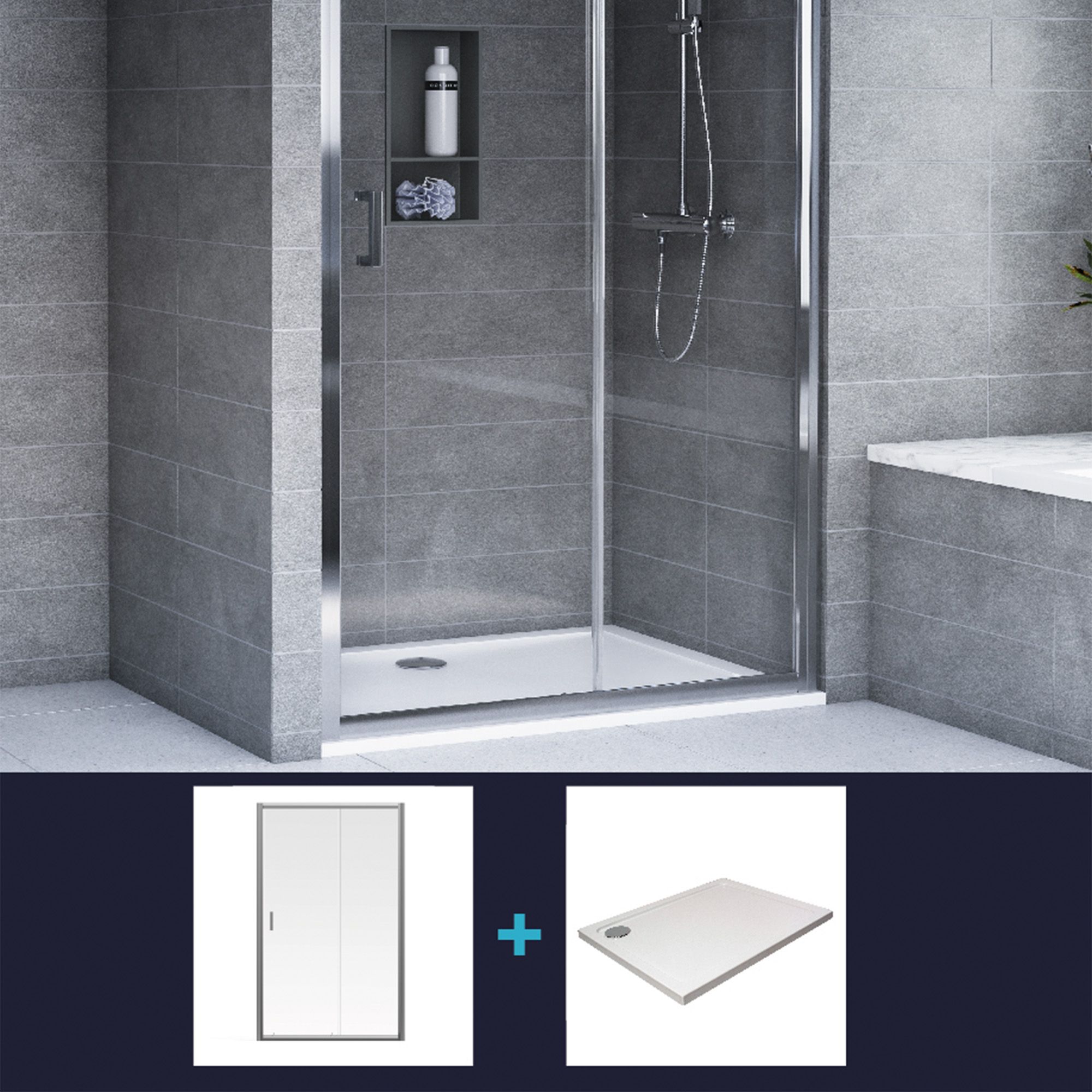 Aqualux Edge 6 Silver effect Clear Left or right Rectangular Enclosure & tray - Sliding door (H)193.5cm (W)120cm (D)90cm