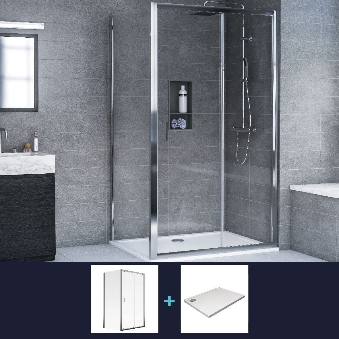 Aqualux Edge 6 Silver effect Clear Left or right Rectangular Shower Enclosure & tray - Sliding door (H)193.5cm (W)120cm (D)76cm