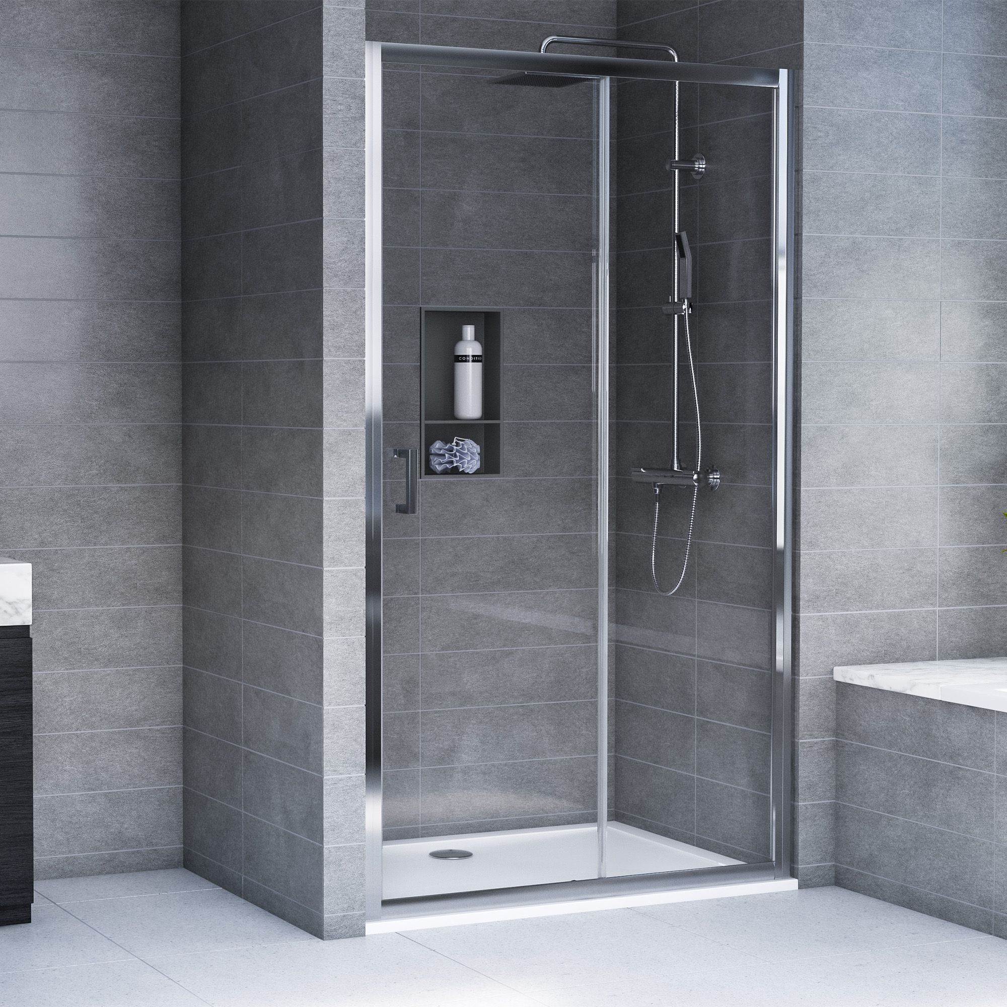 Aqualux Edge 6 Silver effect Clear Left or right Rectangular Shower Enclosure & tray - Sliding door (H)193.5cm (W)120cm (D)80cm