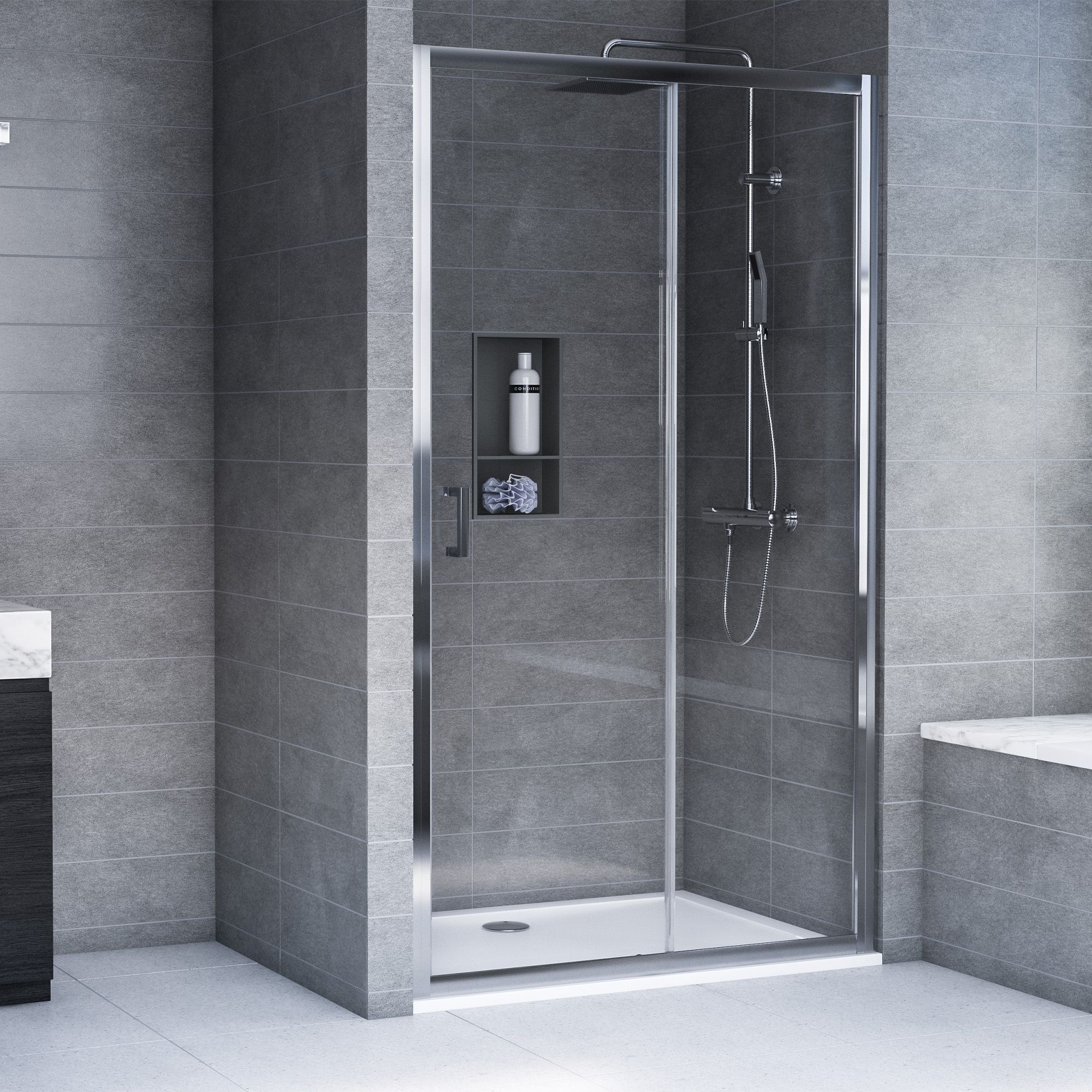 Aqualux Edge 6 Silver effect Clear Left or right Rectangular Shower Enclosure & tray - Sliding door (H)193.5cm (W)76cm (D)120cm