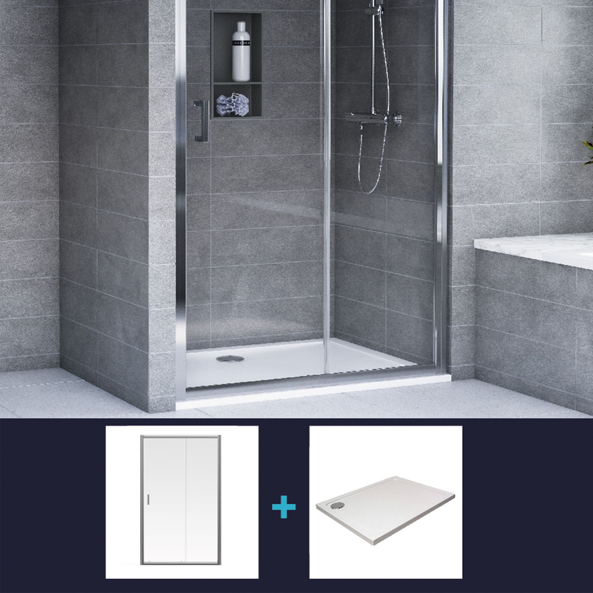 Aqualux Edge 6 Silver effect Clear Left or right Rectangular Shower Enclosure & tray - Sliding door (H)193.5cm (W)76cm (D)120cm
