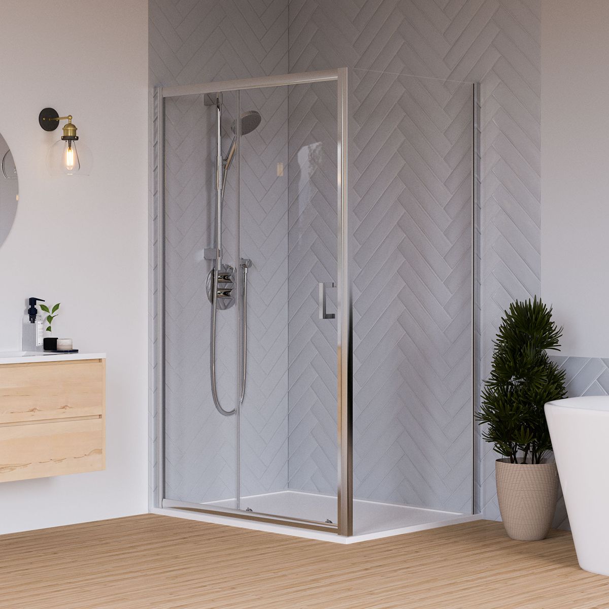 Aqualux Edge 8 Semi-framed Silver effect Clear glass Sliding Shower door with 76cm side panel (H)203.5cm (W)120cm Price Comparisons | Compare The Build