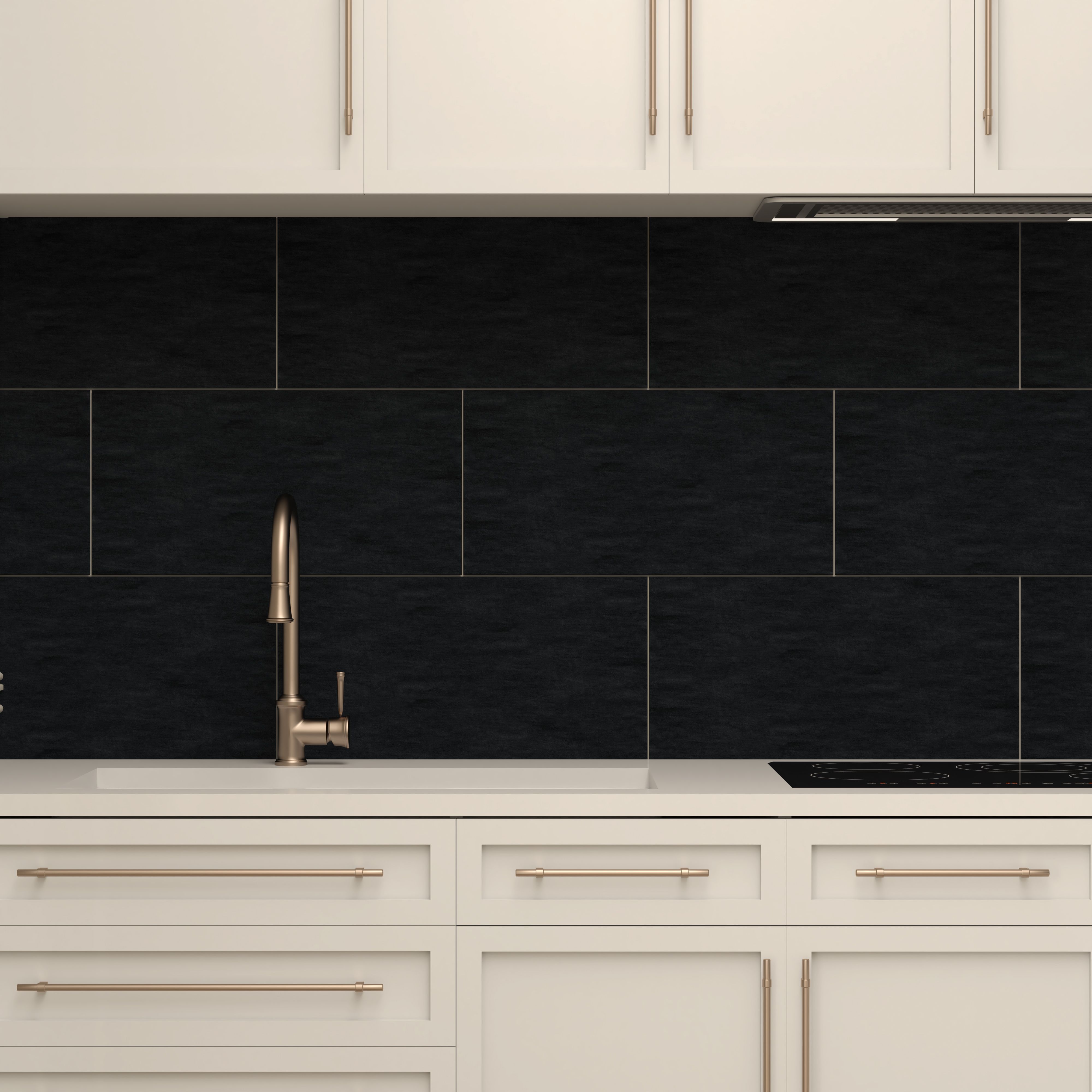 Arbace Black Semi-gloss Stone effect Porcelain Indoor Wall & floor Tile, Pack of 9, (L)610mm (W)310mm