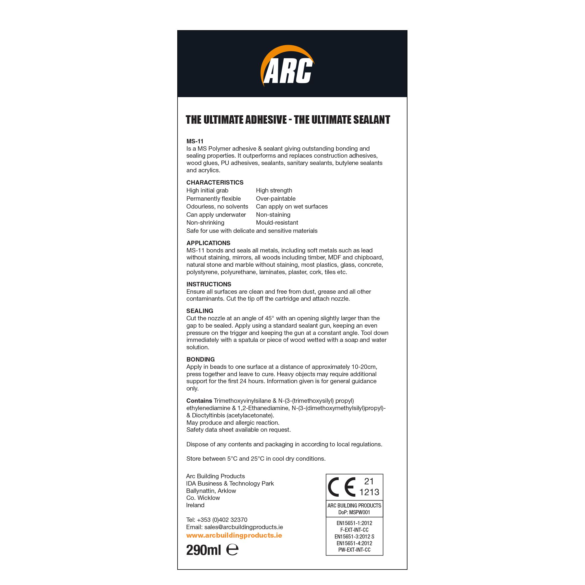 Arc MS11 White Polymer-based Adhesive, sealant & filler, 290ml