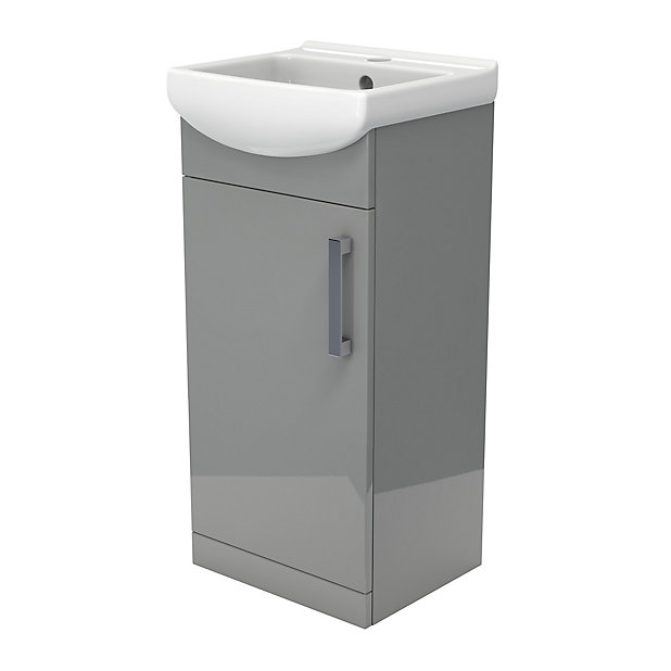 Ardenno Gloss Grey Cloakroom Vanity, Bathroom Corner 400mm Basin Cabinet Vanity Unit
