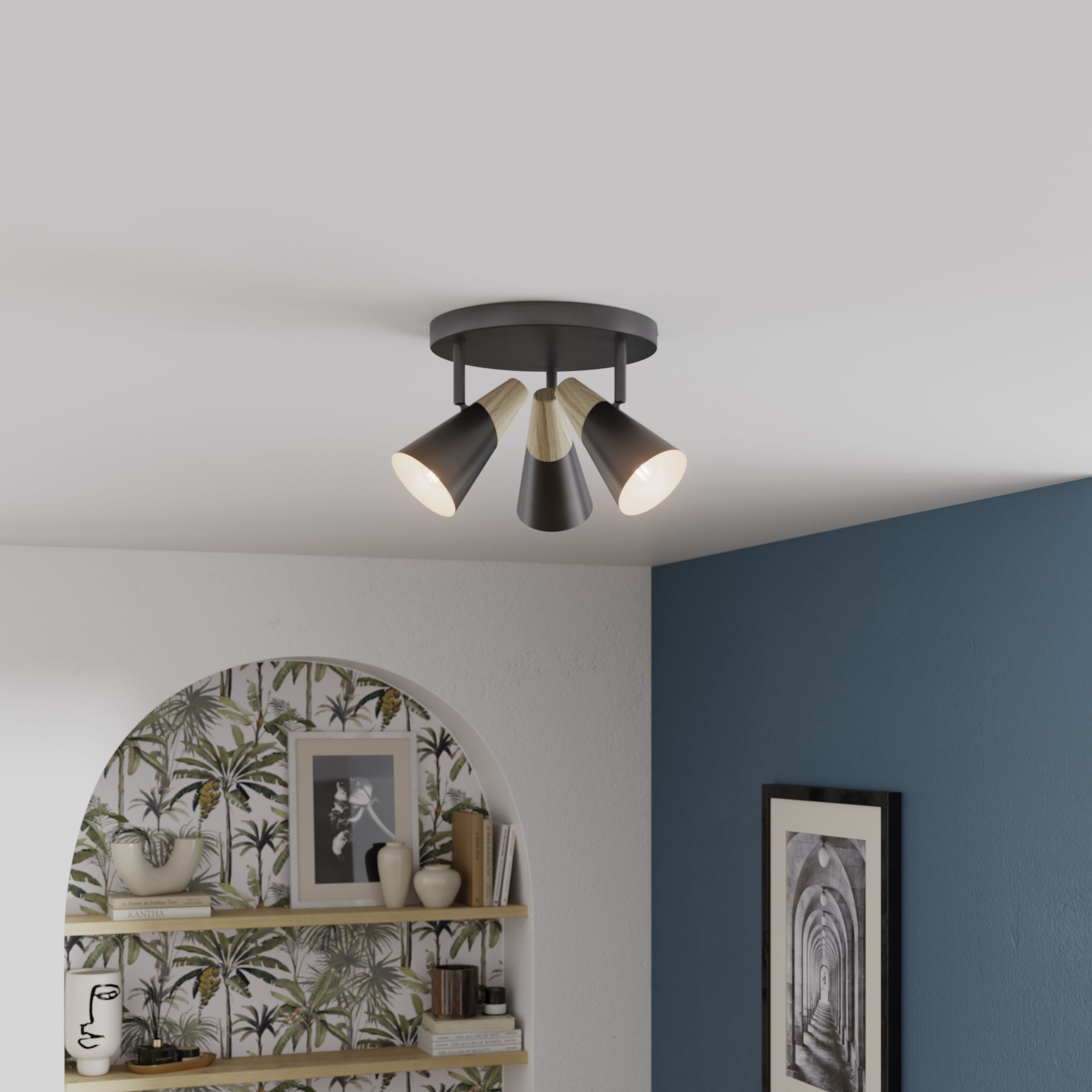 Arraqis Plate Matt Black Wood effect 3 Light Spotlight
