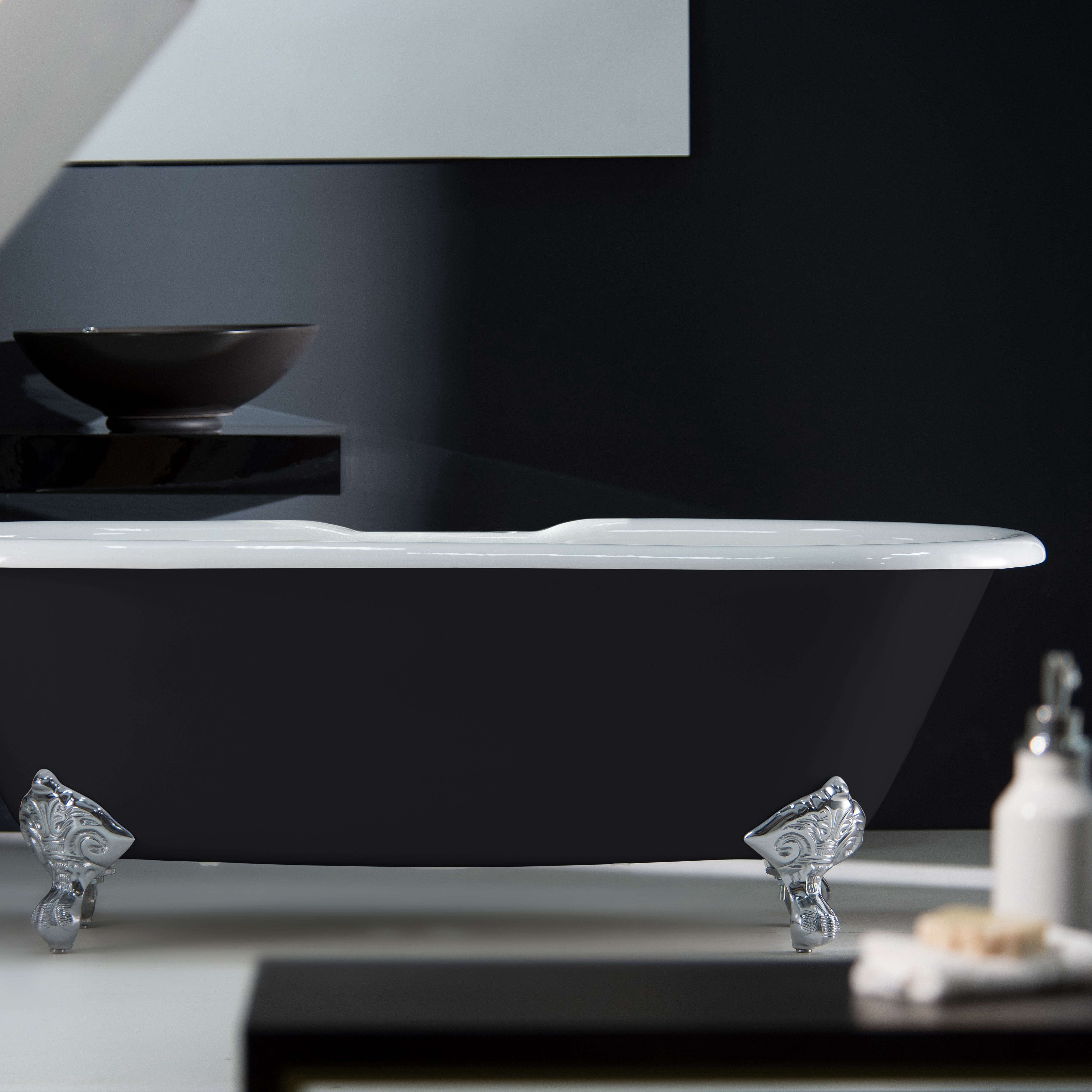 Arroll Moulin Gloss Black Roll-top Double ended Bath with 2 Tap holes (L)170cm (W)77cm