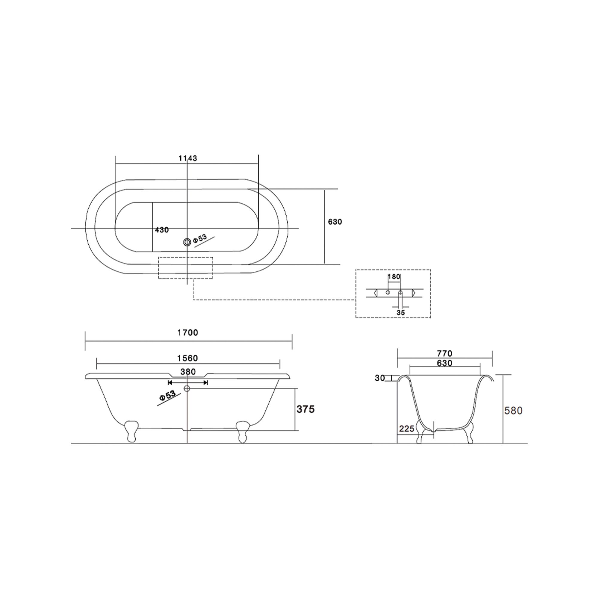 Arroll Moulin Gloss White Roll-top Double ended Bath & with claw bath feet (L)170cm (W)77cm