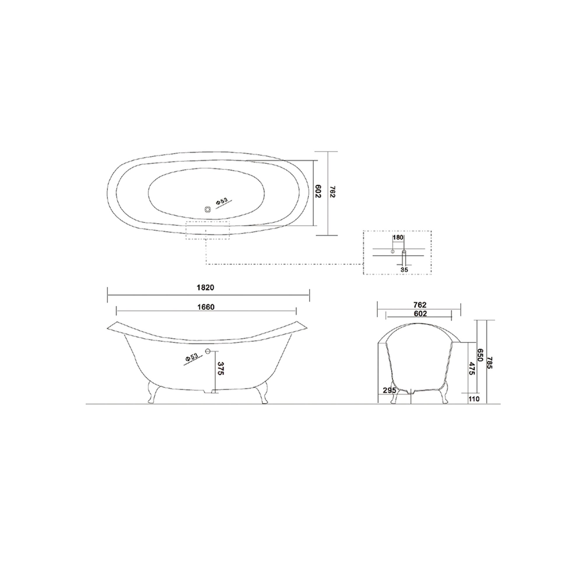 Arroll Villandry Gloss Black Slipper Double ended Bath (L)182cm (W)76.2cm