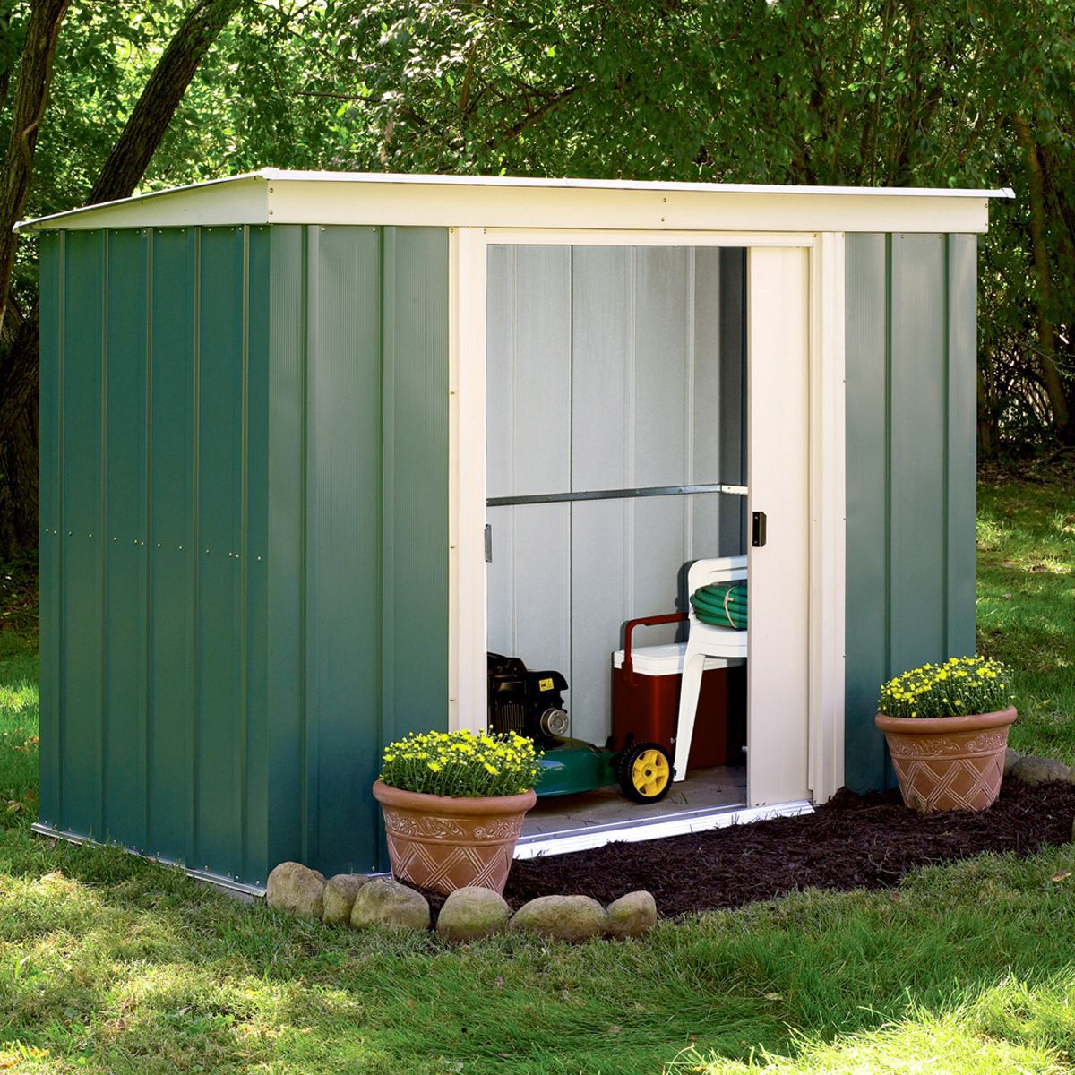 Arrow Greenvale 6x4 ft Pent Green & white Metal 2 door Shed with floor