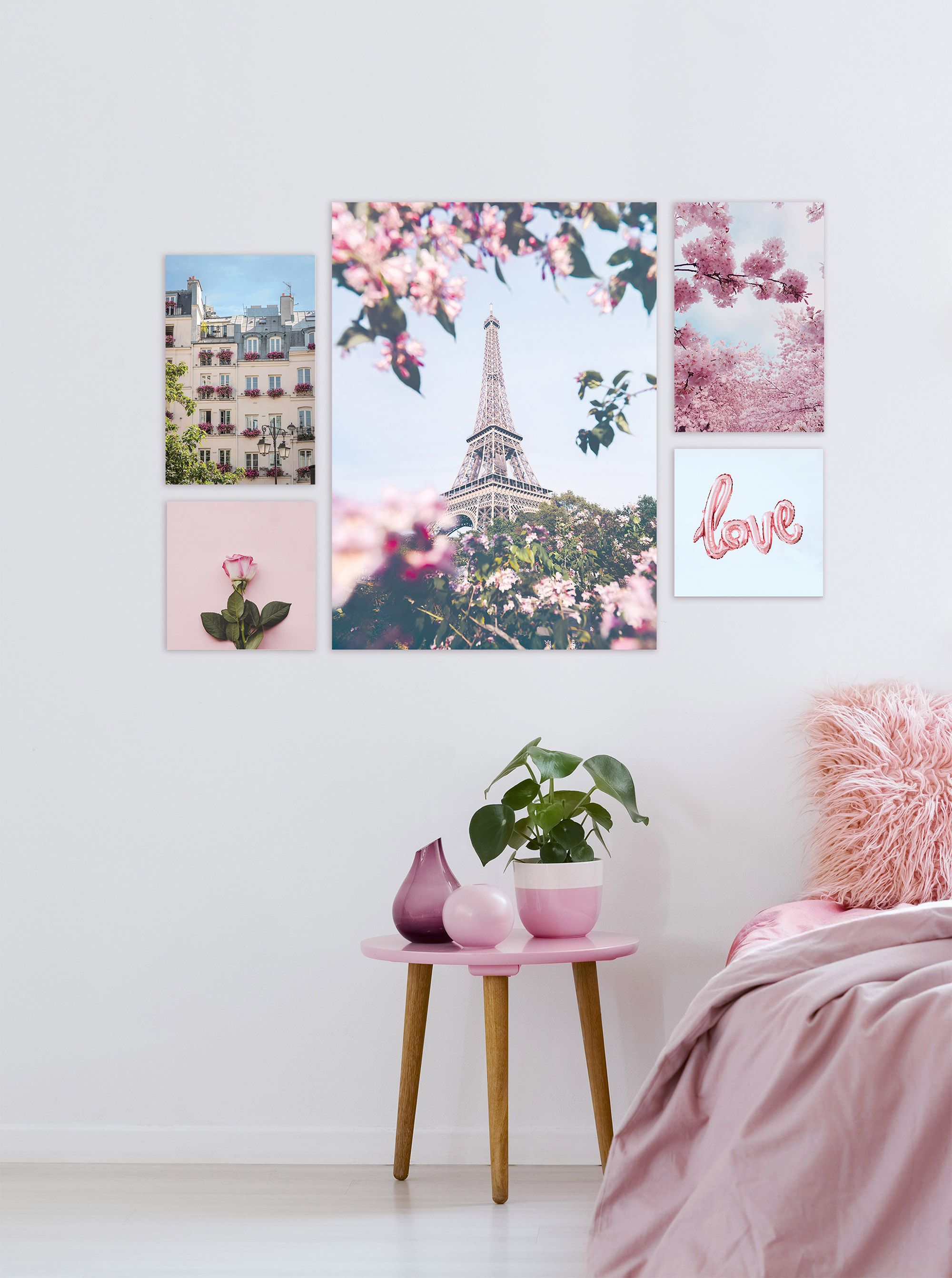 Arthouse Paris in Bloom Floral Pink Canvas art, Set of 5 (H)66cm x (W)48cm