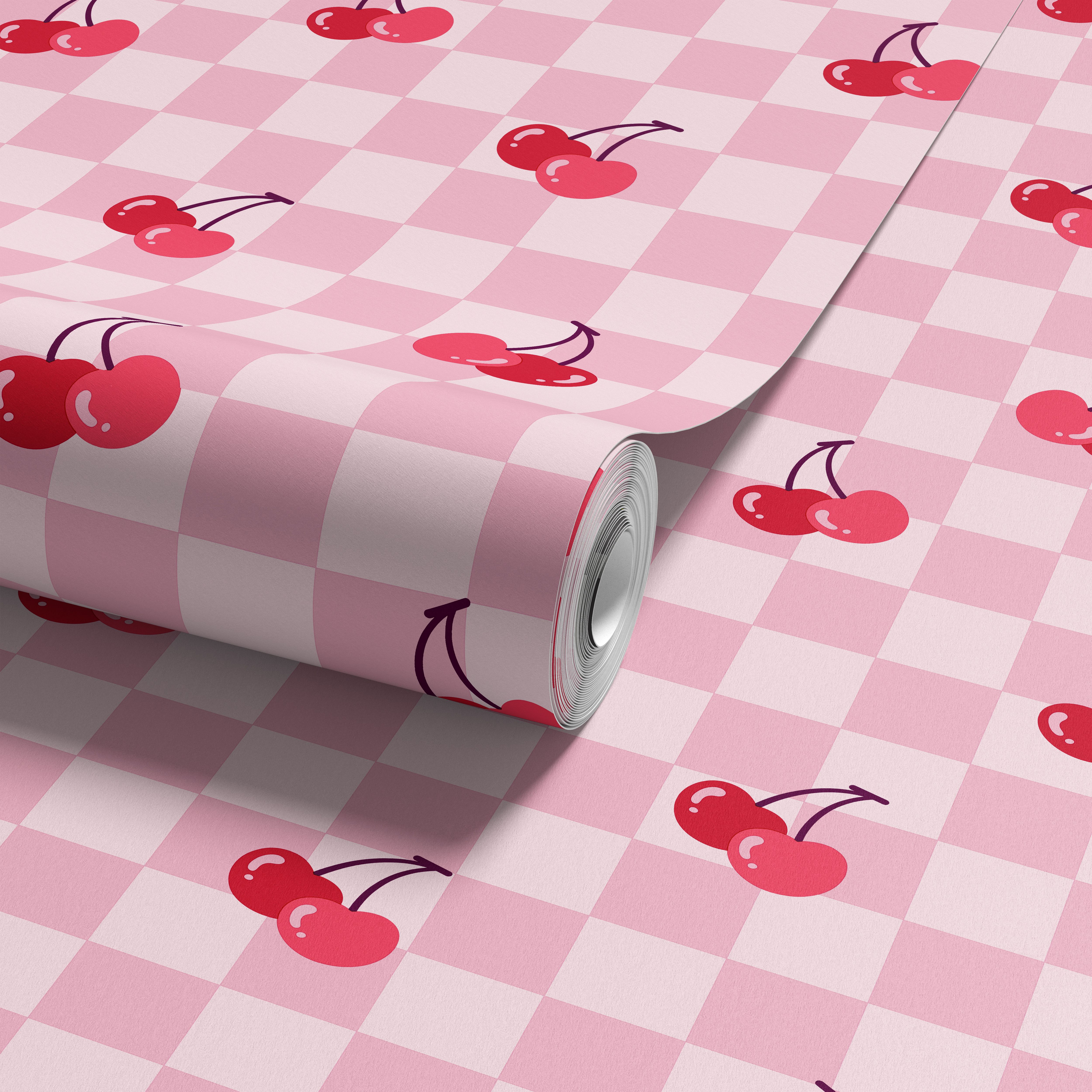 Arthouse Pink & Red Checkerboard Cherries Children's Smooth Wallpaper