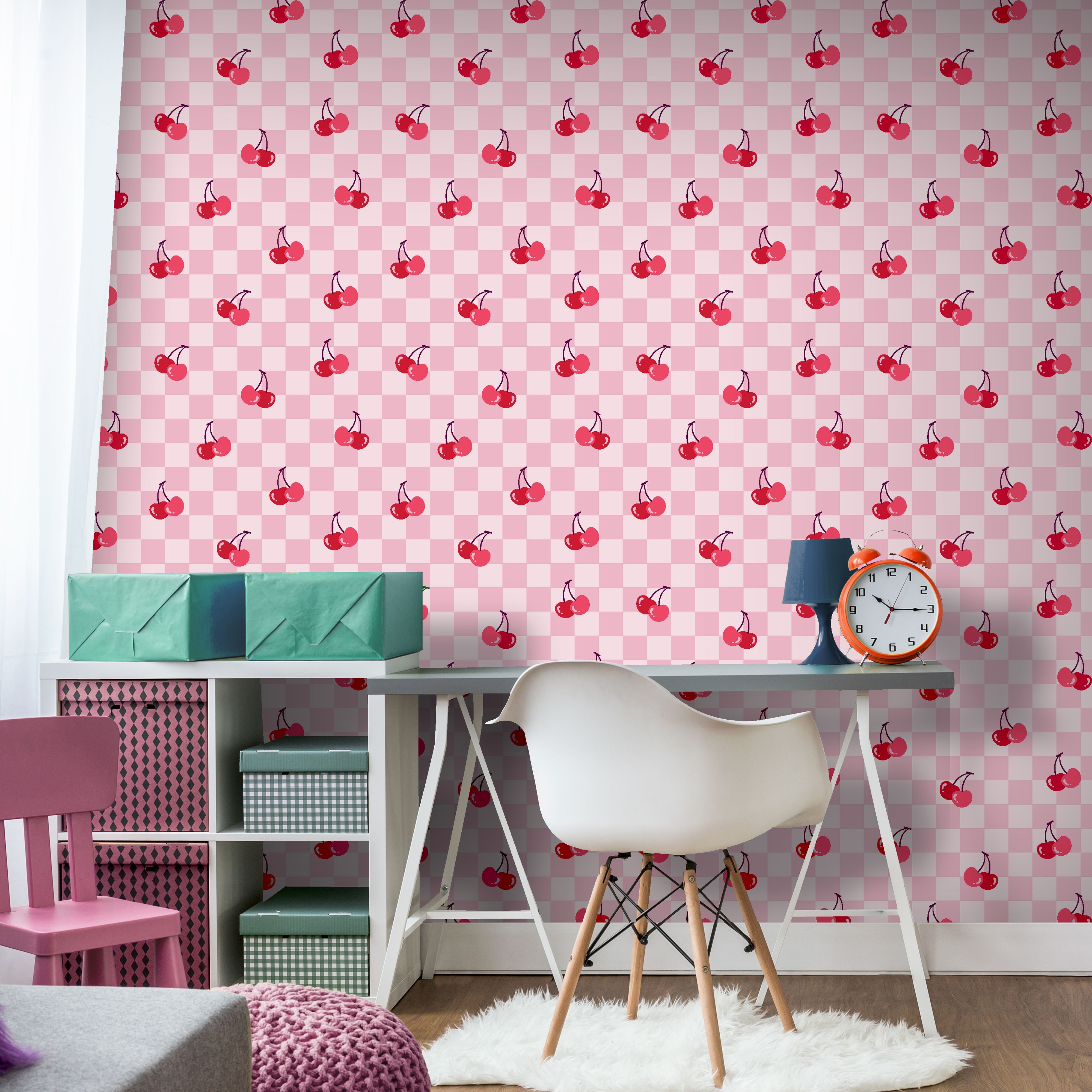 Arthouse Pink & Red Checkerboard Cherries Children's Smooth Wallpaper
