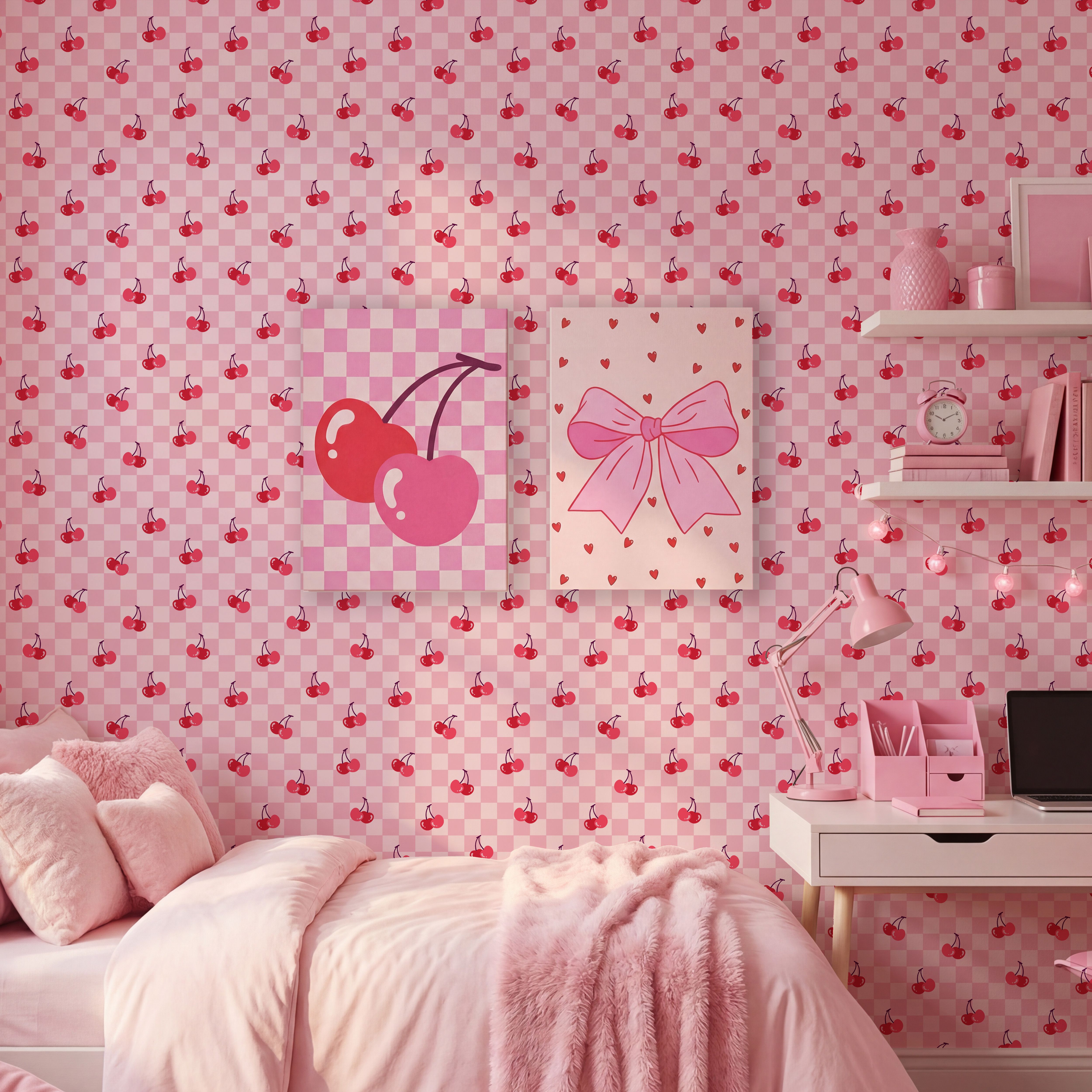 Arthouse Pink & Red Checkerboard Cherries Children's Smooth Wallpaper