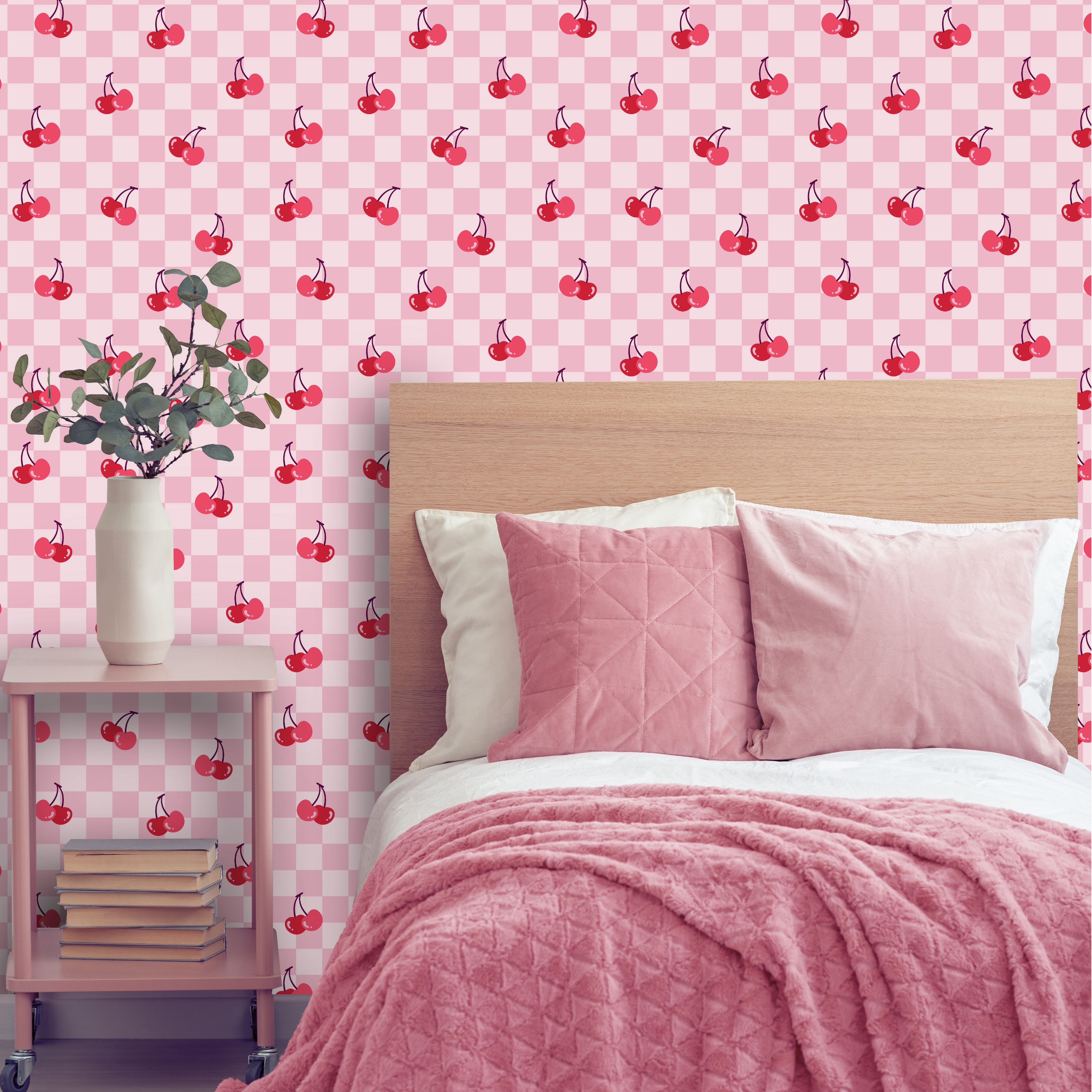 Arthouse Pink & Red Checkerboard Cherries Children's Smooth Wallpaper