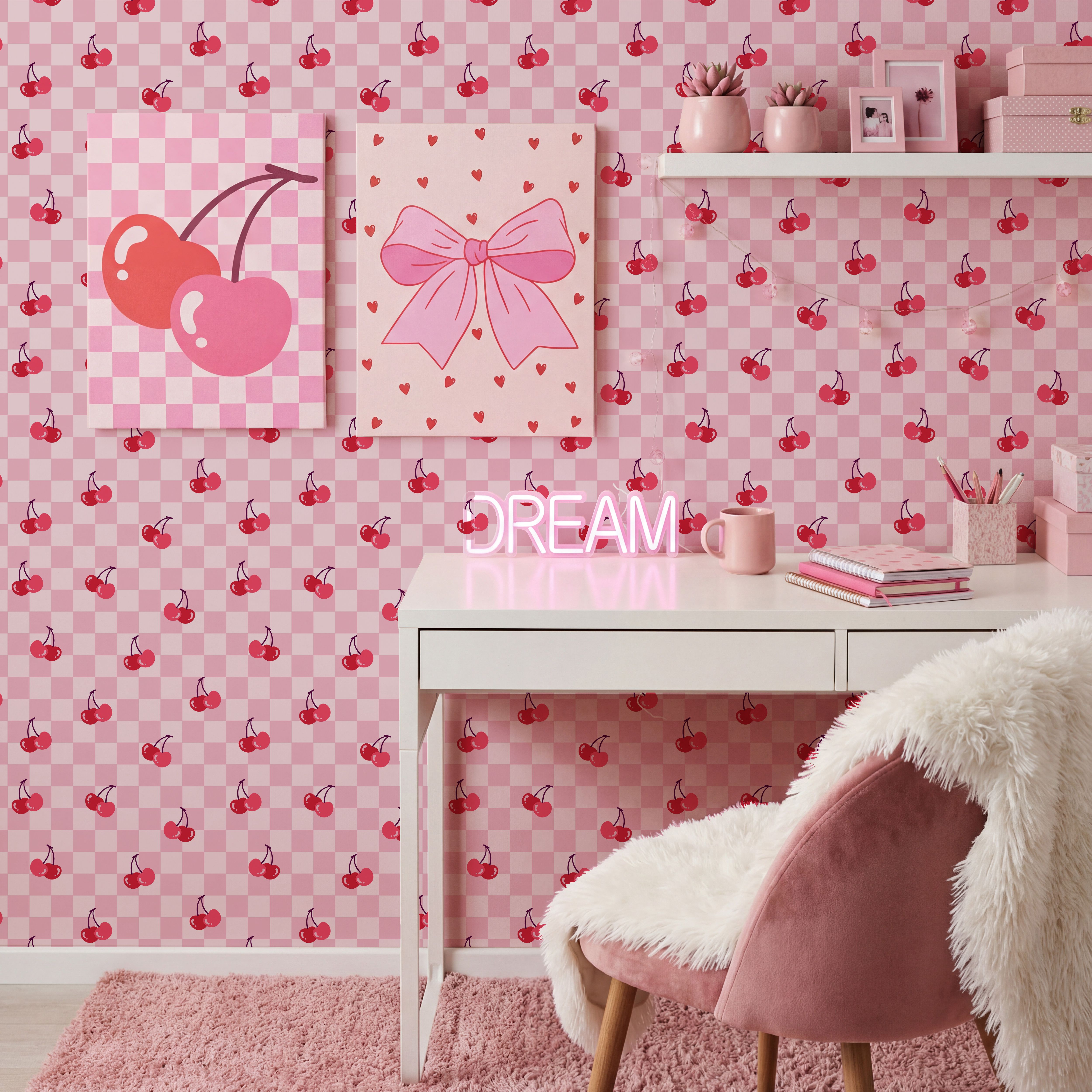 Arthouse Pink & Red Checkerboard Cherries Children's Smooth Wallpaper