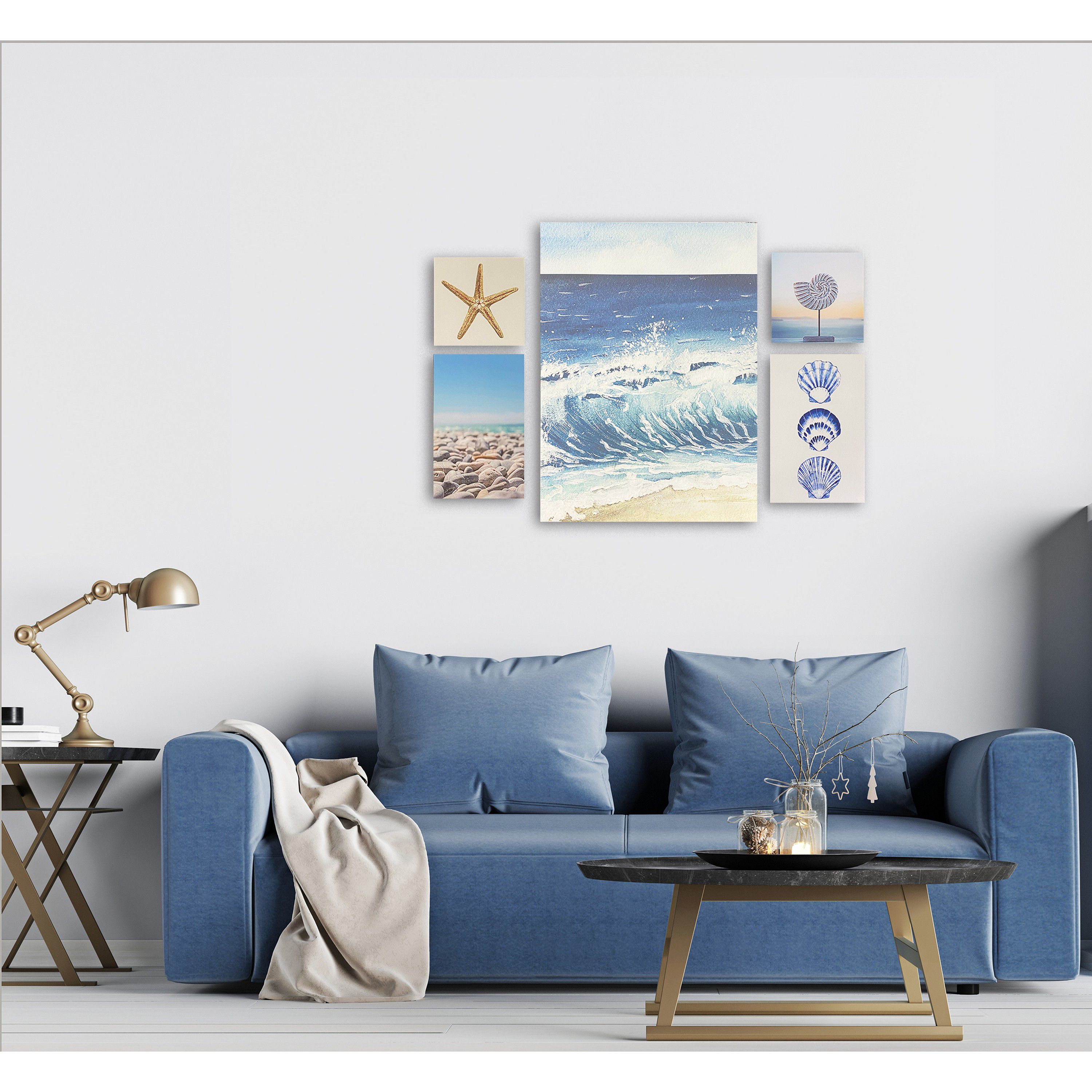 Arthouse Seaside Beach scene Blue Canvas art, Set of 5 (H)66cm x (W)48cm
