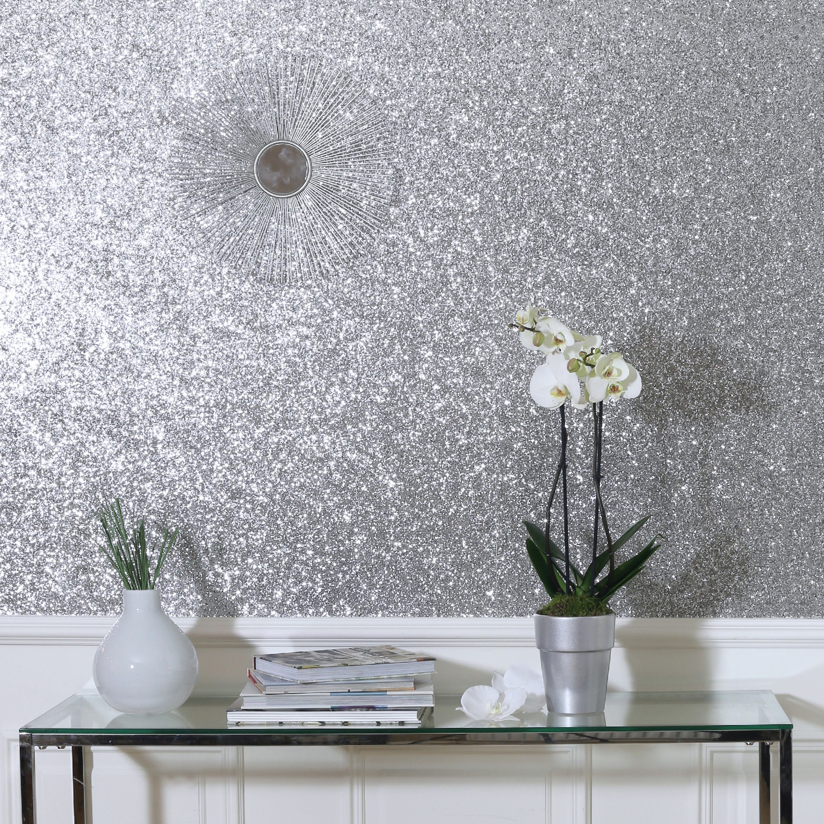 Silver Glitter Fabric, Wallpaper and Home Decor