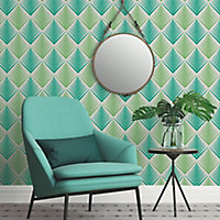 As Creation Life 4 Cream & green Geometric Textured Wallpaper