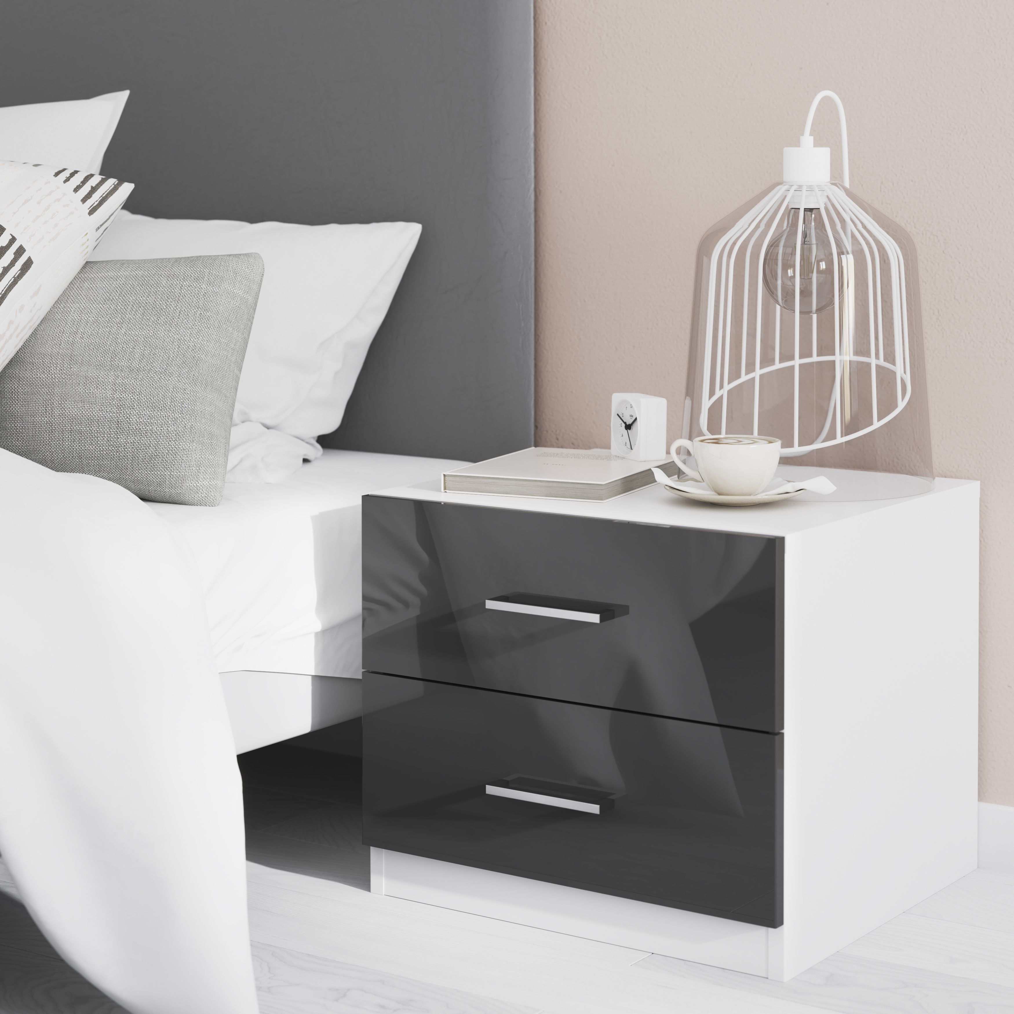 Atomia All in one Gloss anthracite & white 2 Drawer Bedside table (H)429mm (W)500mm (D)466mm