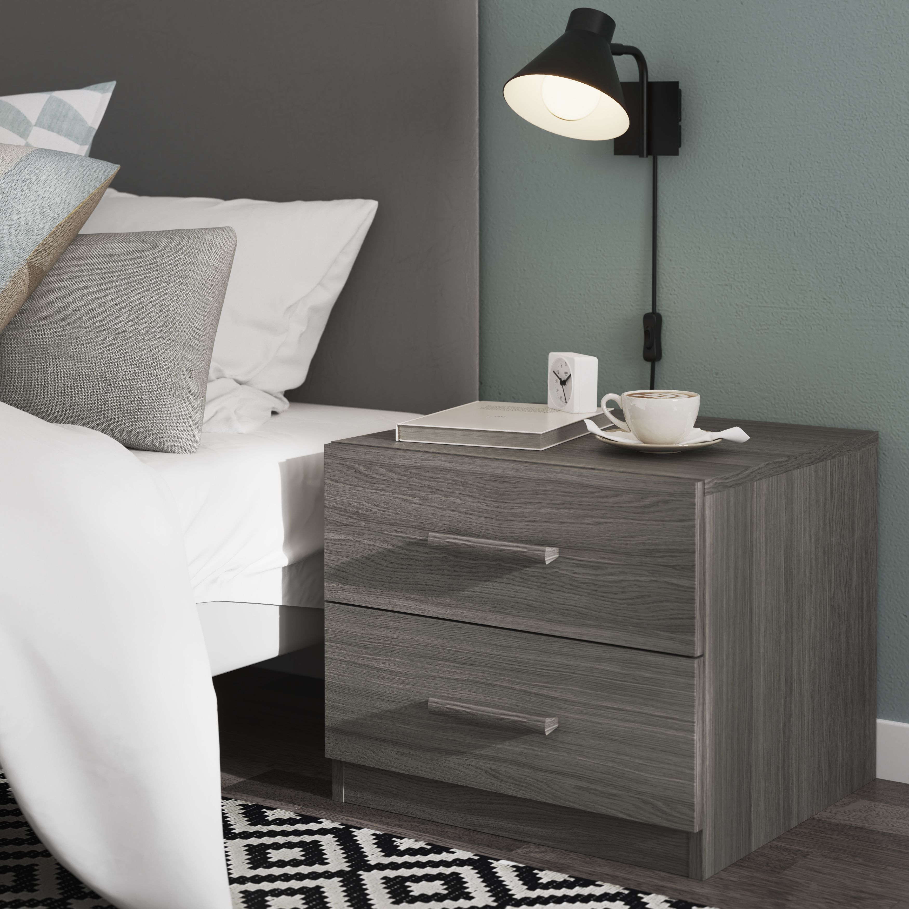 Atomia All in one Matt grey oak effect 2 Drawer Bedside table (H)429mm (W)500mm (D)466mm