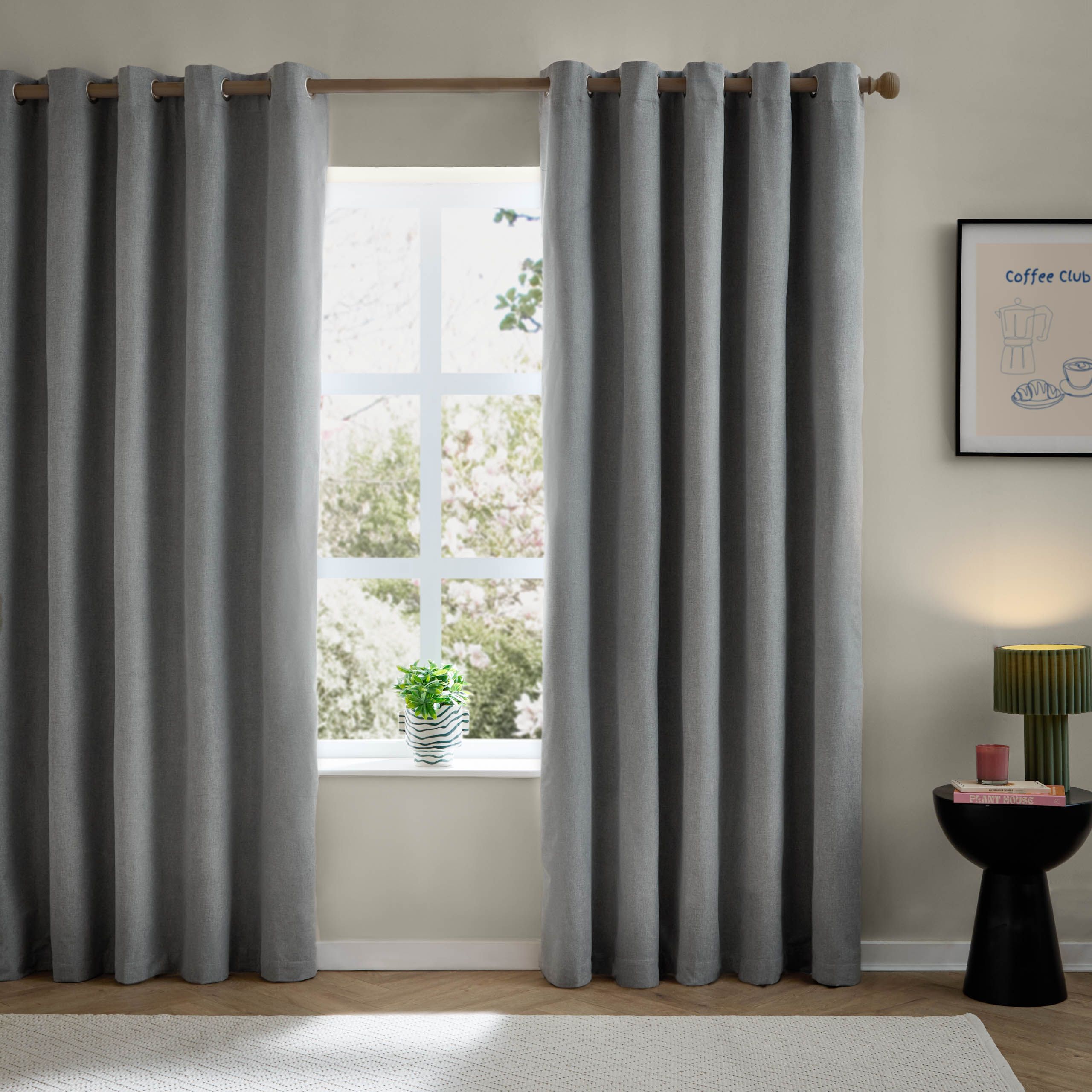 Aura Grey Plain Blackout Tabs & rings Curtains (W)168cm (L)183cm, Pair